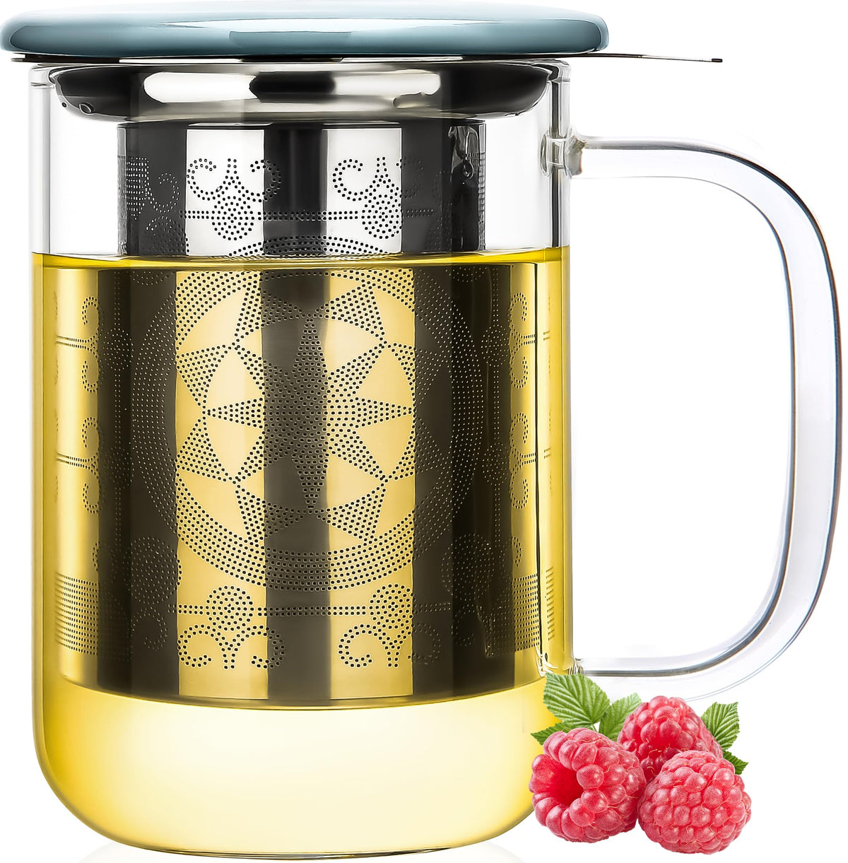 Aquach taza de té con infusor y tapa de vidrio lista para infusiones limpias.