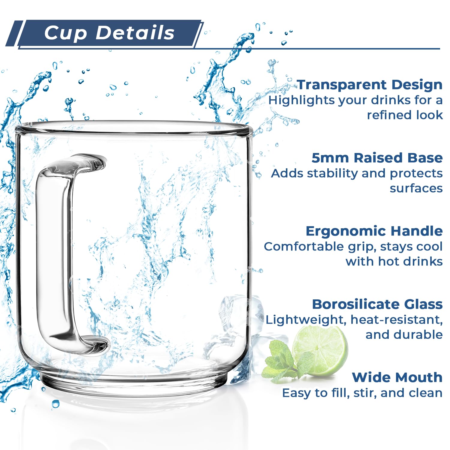 Vaso Aquach apto para microondas y lavavajillas, base estable.