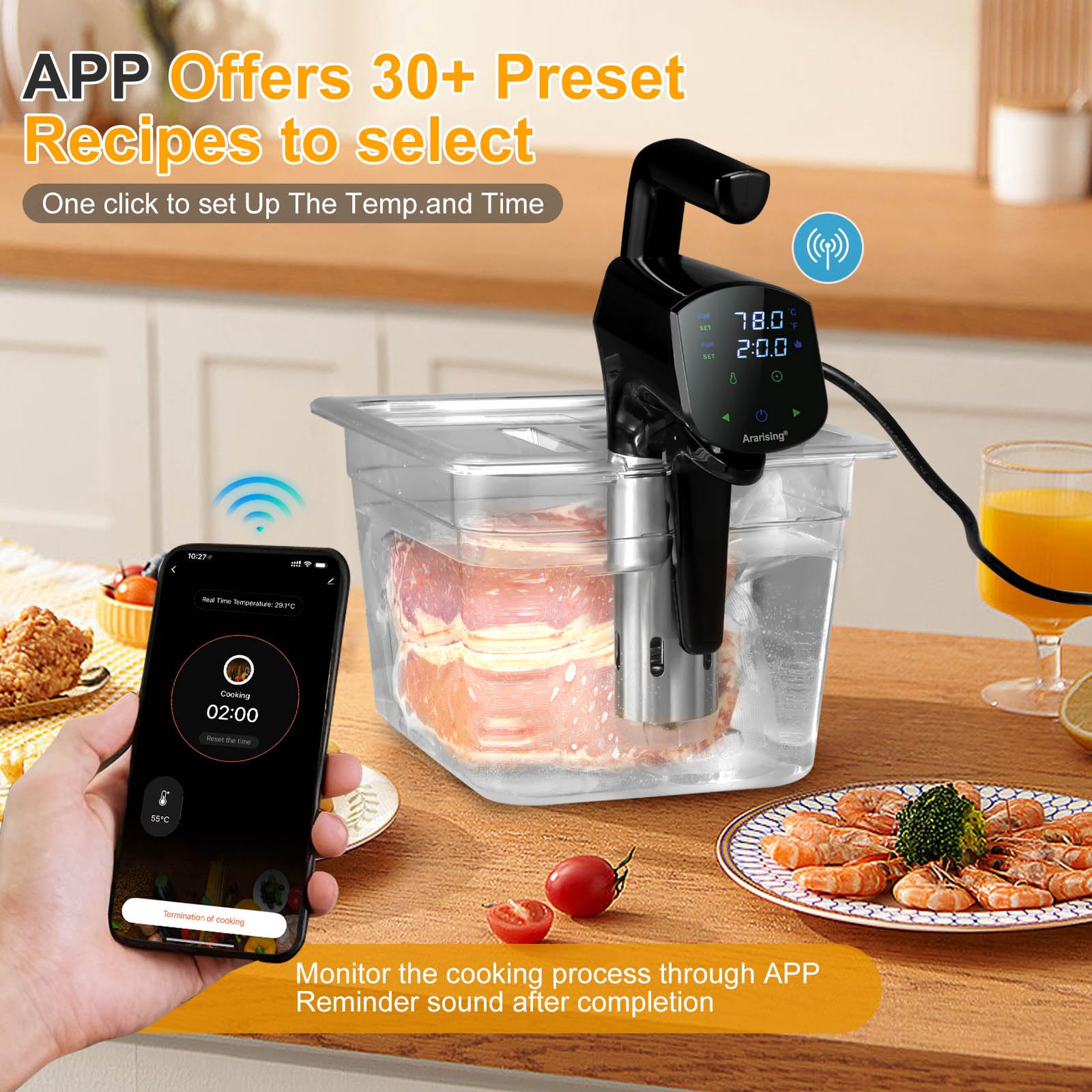 Ararising cocedor sous vide con pantalla LCD clara para ajustes precisos