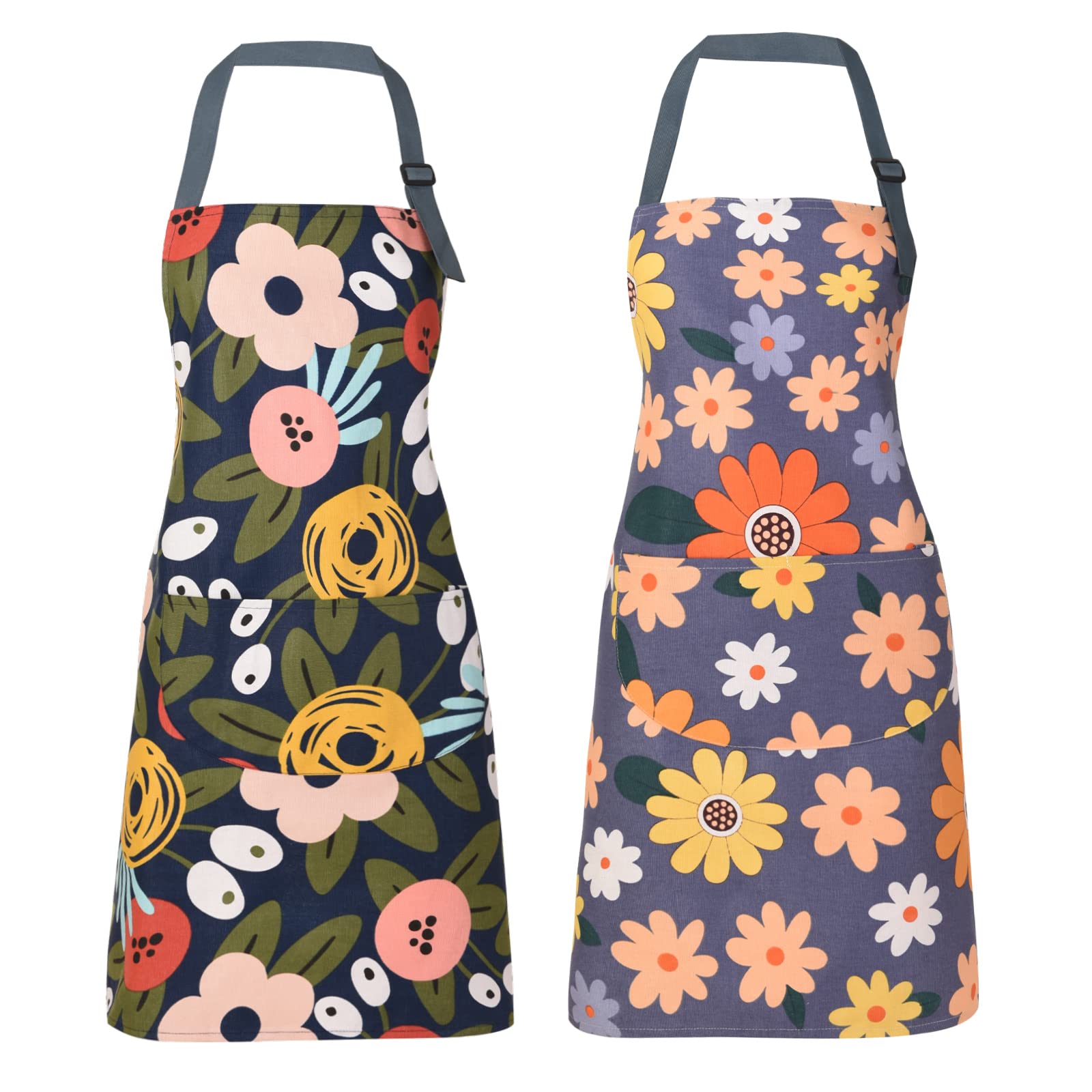 Delantal ARBINSON floral azul con bolsillos, perfecto para guardar termómetro y tarjetas de recetas.