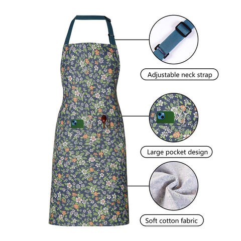 Delantal floral ARBINSON con bolsillos grandes central, útil para termómetro y tarjetas.