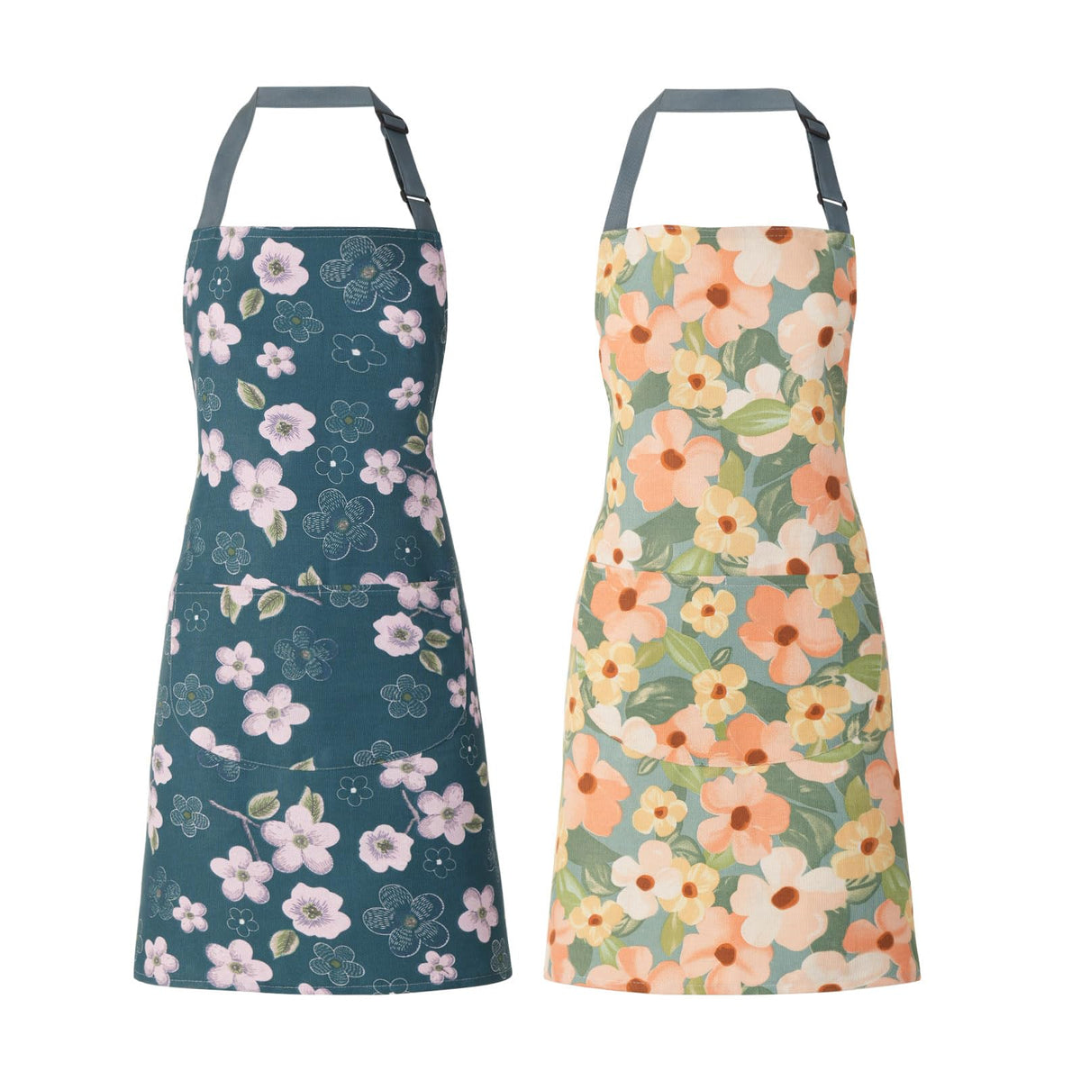 Delantal floral ARBINSON con bolsillos grandes, ideal para tener utensilios a mano.