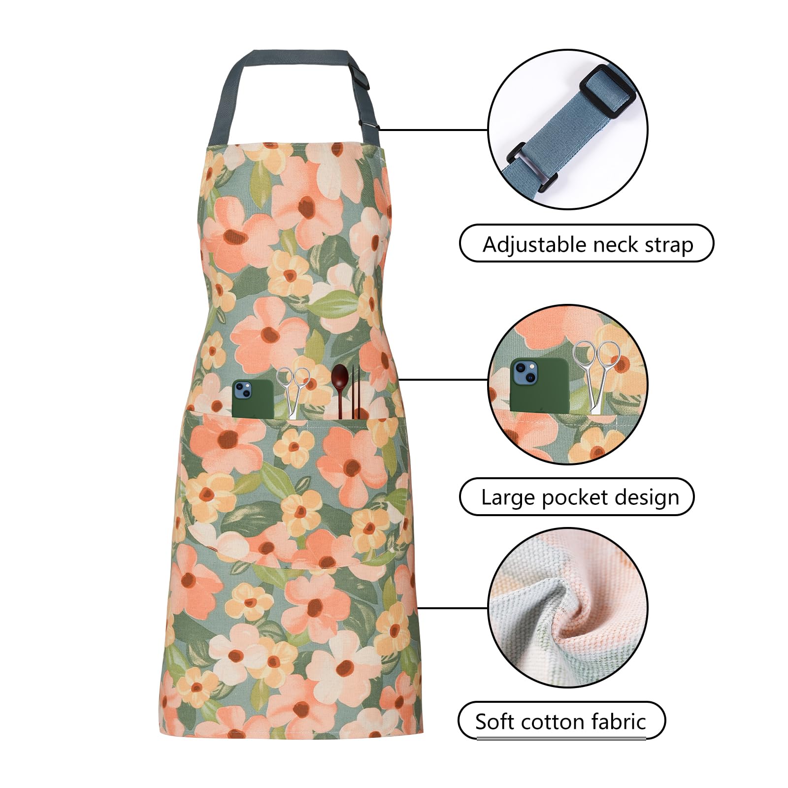 Delantal floral ARBINSON con diseño floral dorado para cocina con estilo.