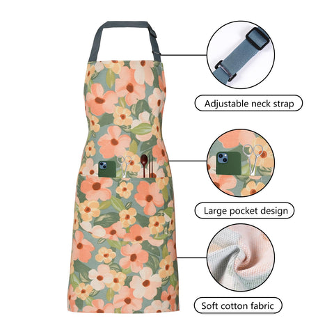 Delantal floral ARBINSON con diseño floral dorado para cocina con estilo.