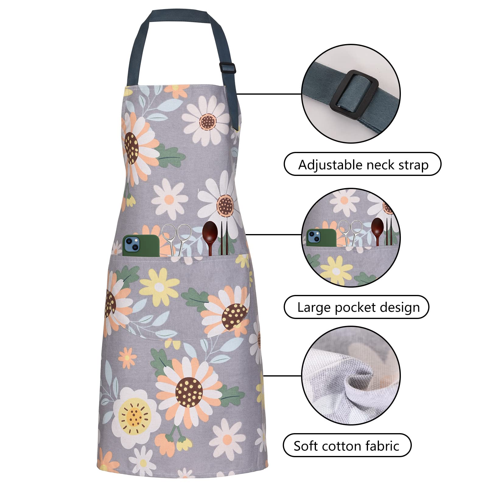 ARBINSON delantal floral con dos bolsillos grandes, almacenamiento práctico