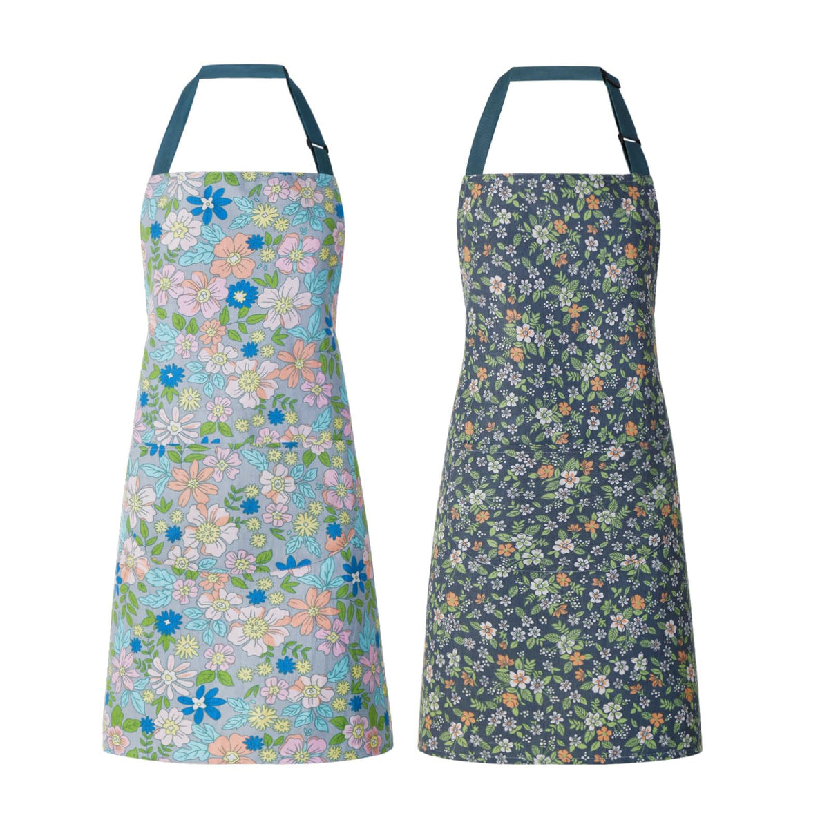 Delantal floral ARBINSON de dos-pack, con bolsillos, ideal para mantener utensilios a mano.