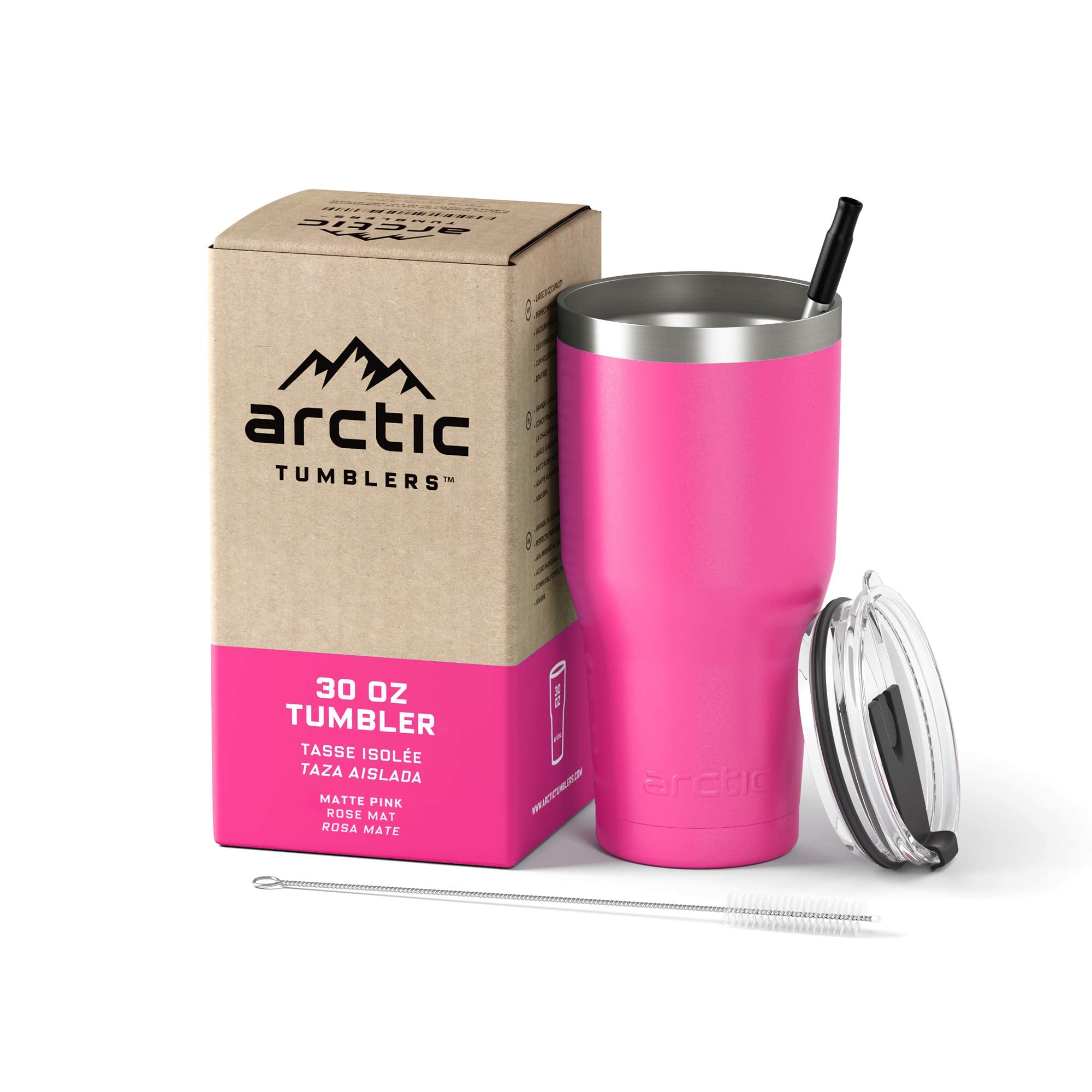 Arctic Tumblers 30 onzas rosa mate con pajilla para llevar bebidas frías o calientes.