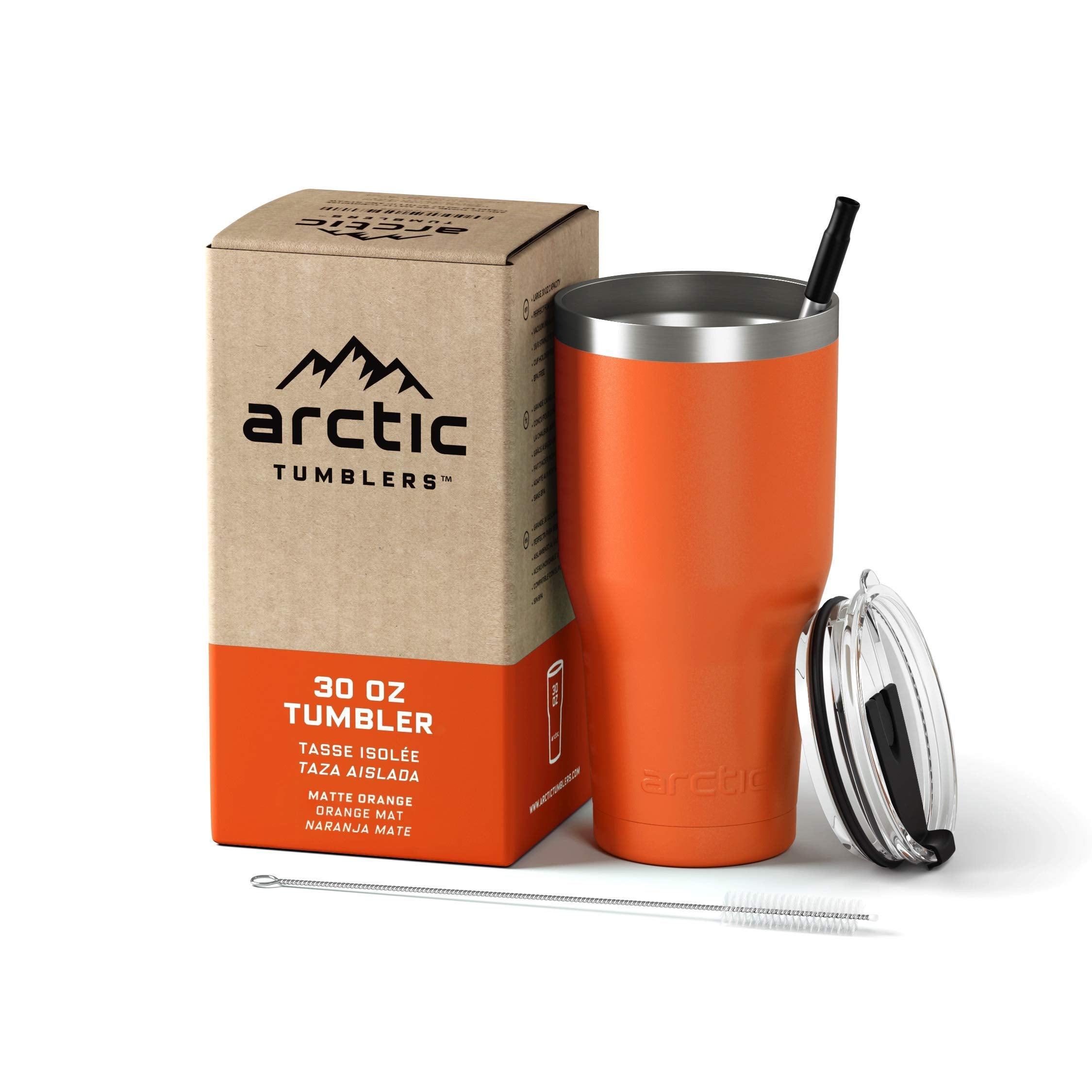 Arctic Tumblers 30 oz naranja con pajilla y limpiador, ideal para bebidas diarias.