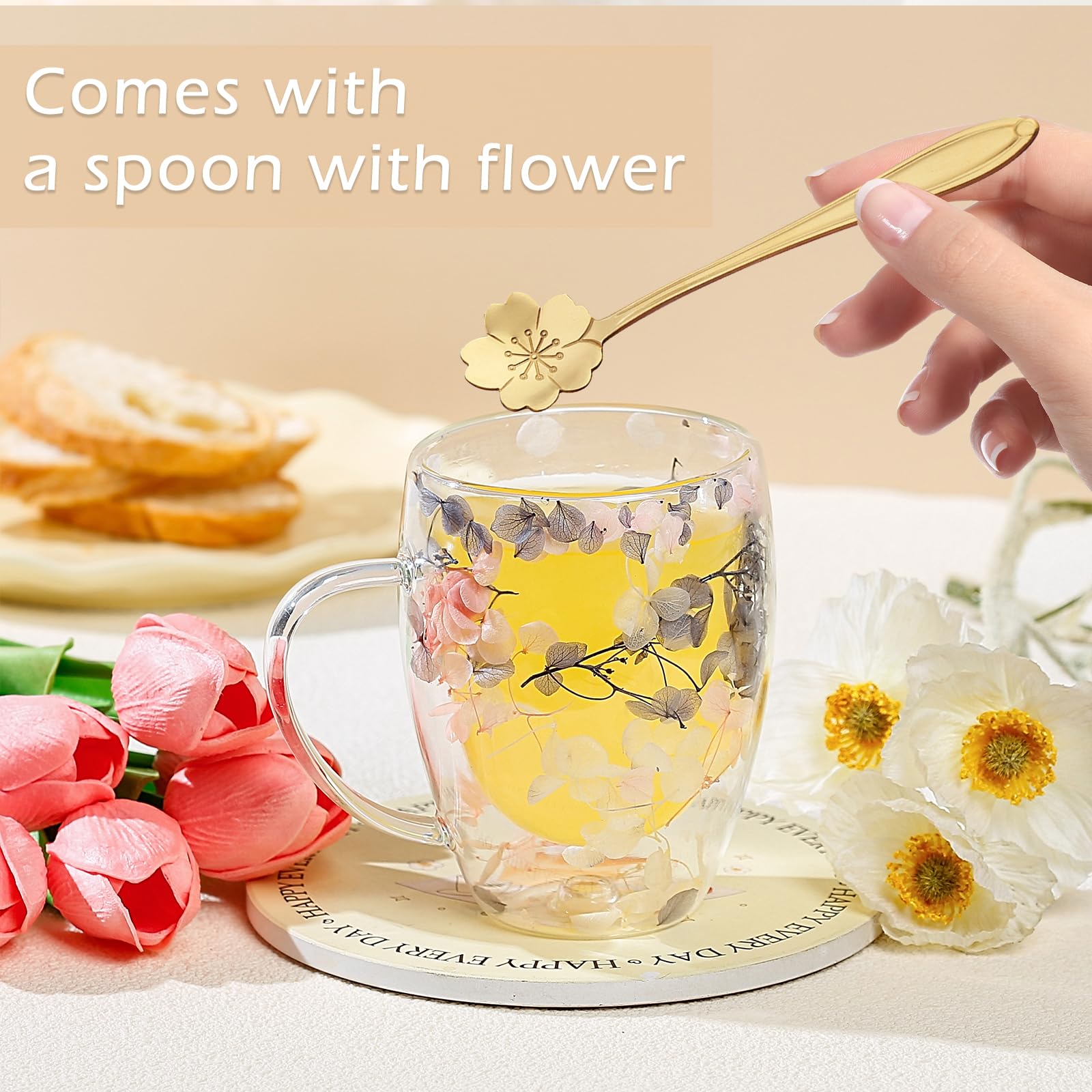 Arefen taza vidrio doble pared flor seca, ideal para té caliente en casa.