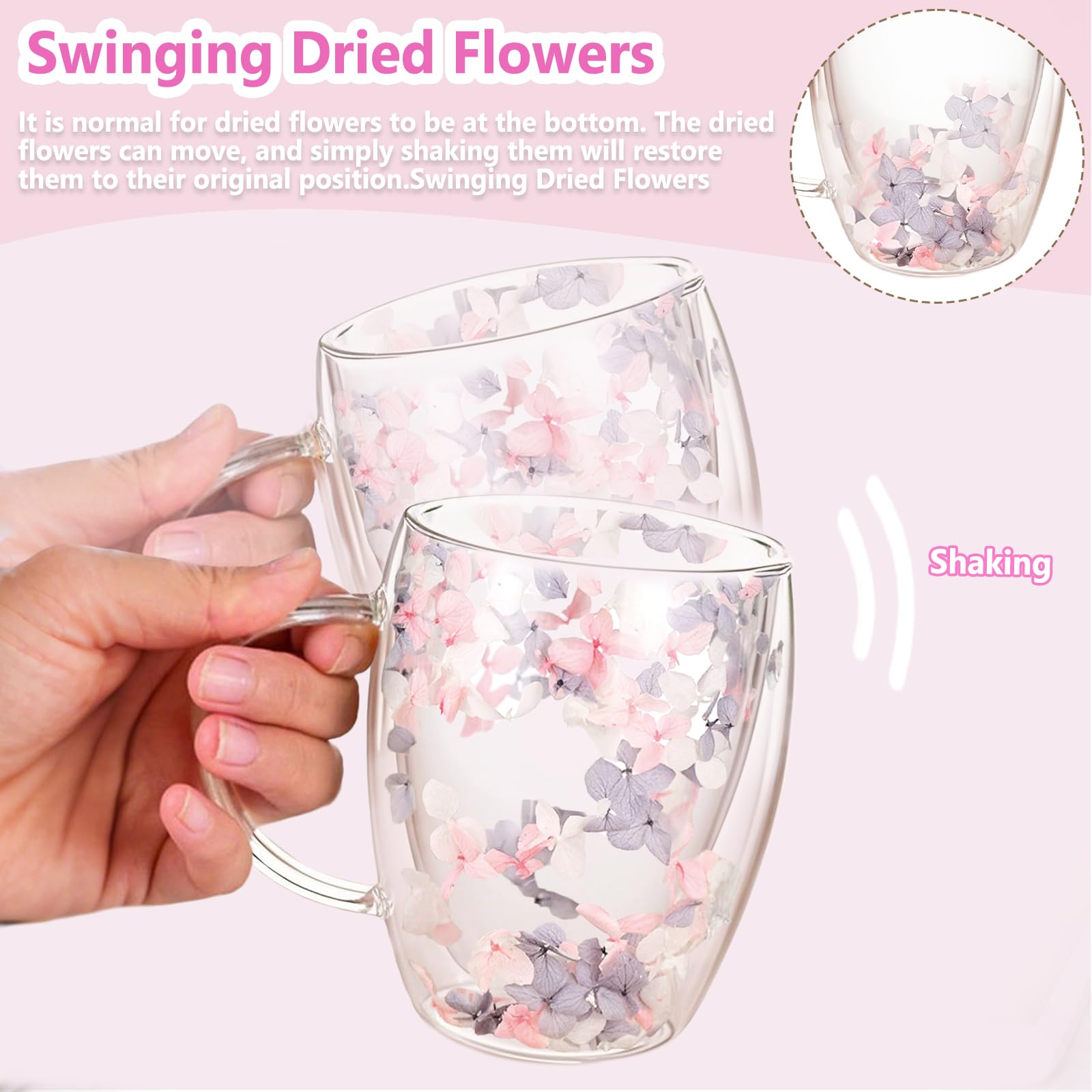 Arefen taza vidrio hecho a mano, flores secas para un toque artesanal.