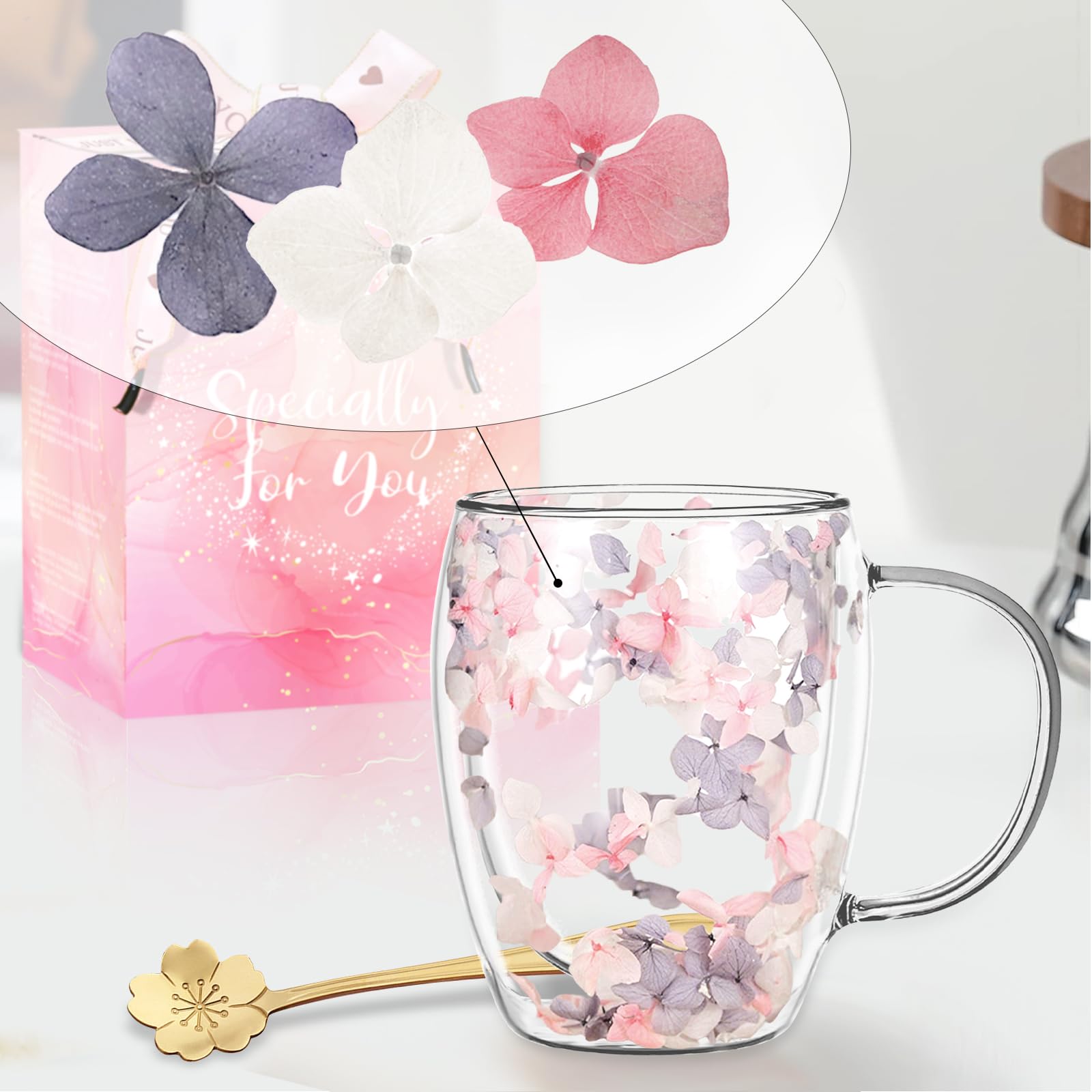 Arefen taza vidrio regalo para mamá, flor seca decorativa y elegante.