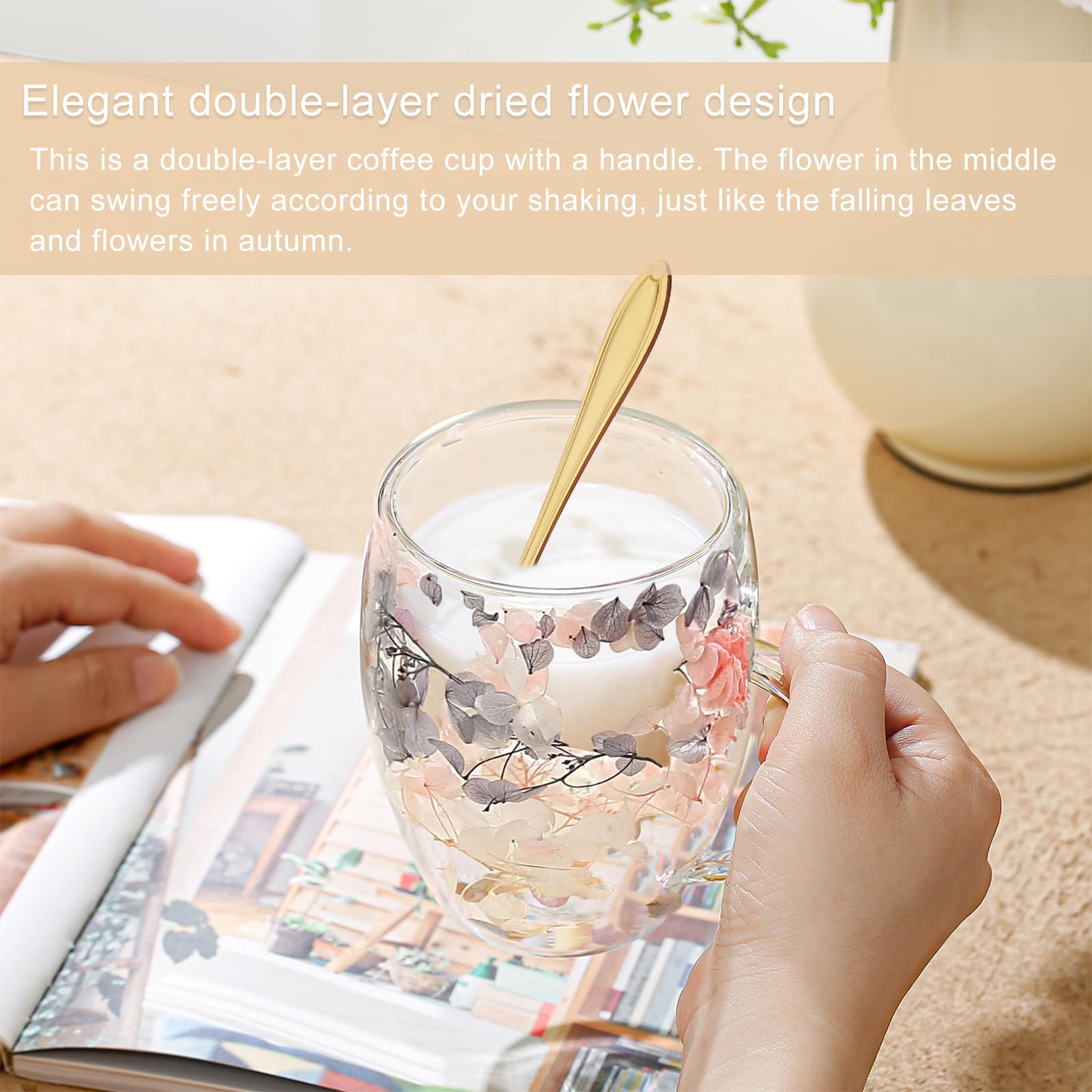 Arefen vaso vidrio doble pared flor seca, resistente al calor para bebidas tibias.