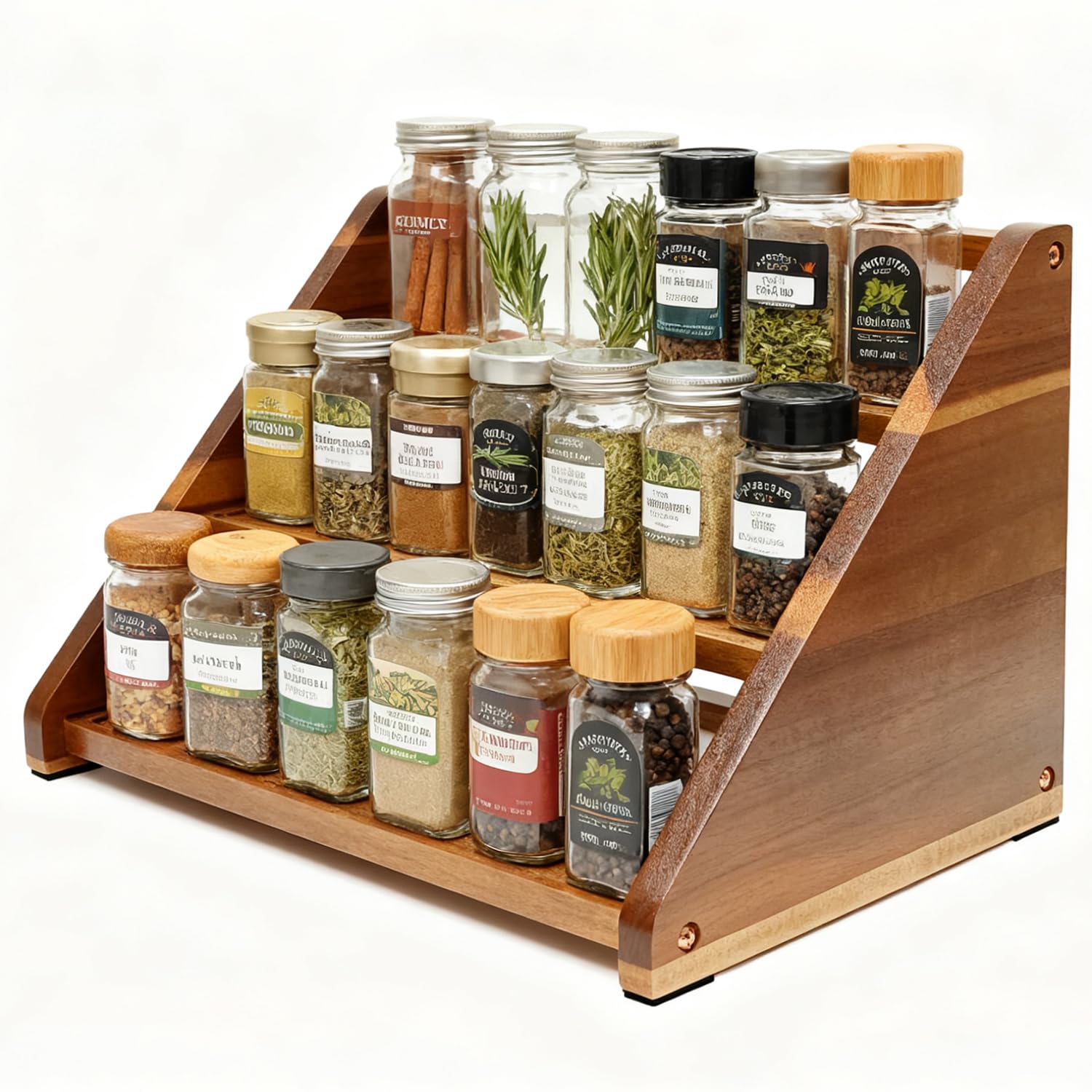 Arflo Acacia Spice Rack en encimera con 21 botes al alcance.