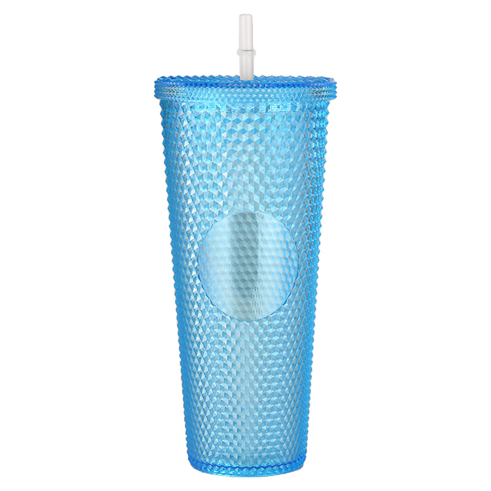 Arilaca vaso con tapas y pajilla azul iridiscente para bebidas frías.
