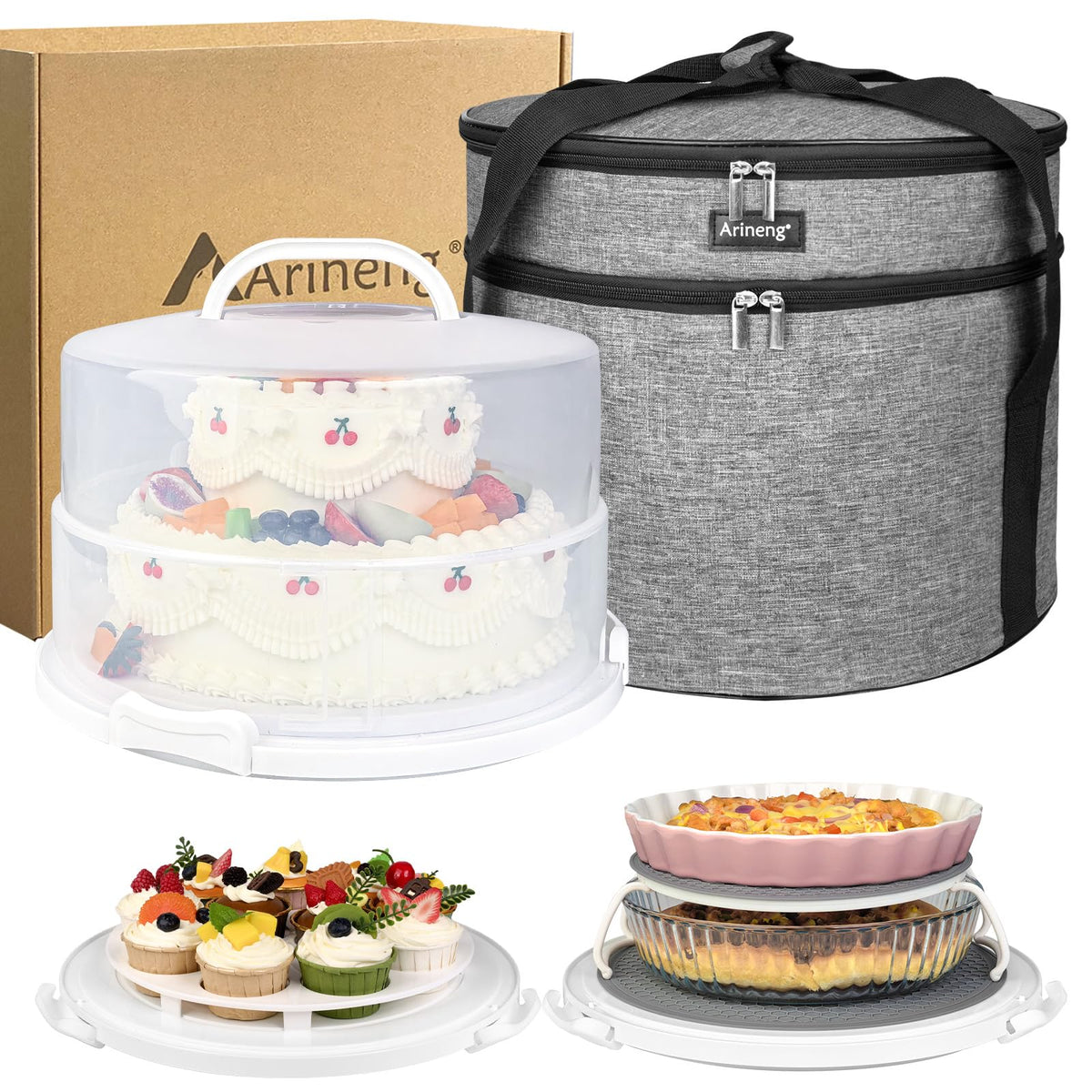 Arineng Portatorta de 12 pulgadas con tapa para transporte seguro de pasteles.