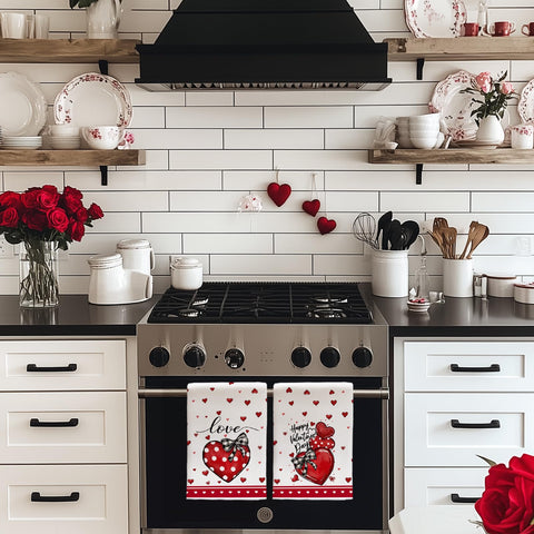 Toallas ARKENY con diseño original de San Valentín para decorar la cocina.