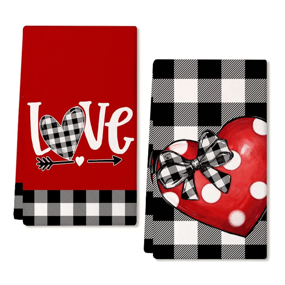 ARKENY toalla de cocina San Valentín con cuadros negro y lazo, ideal para secar platos.