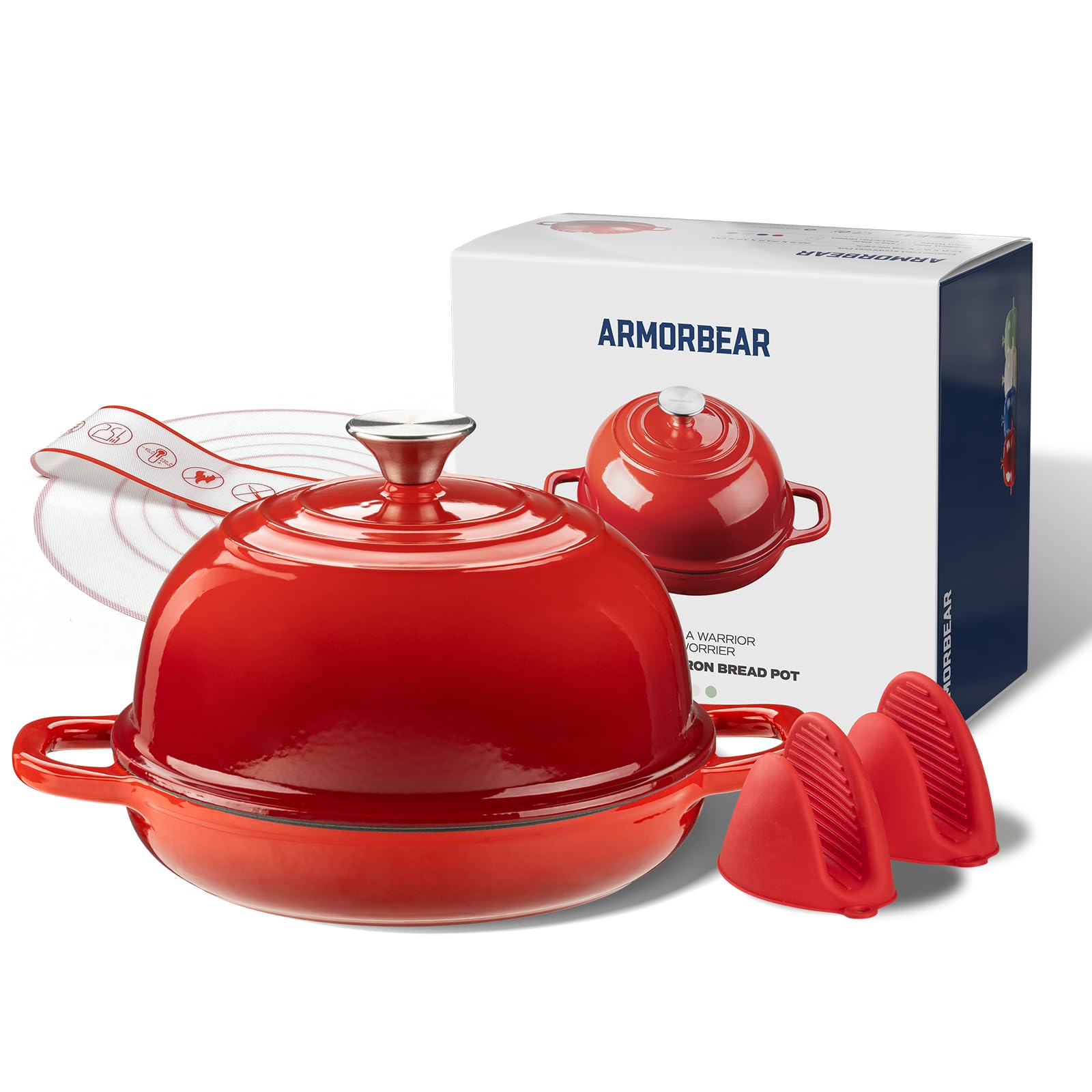 Olla Armorbear de hierro fundido 5QT con tapa roja, ideal para pan artesano.