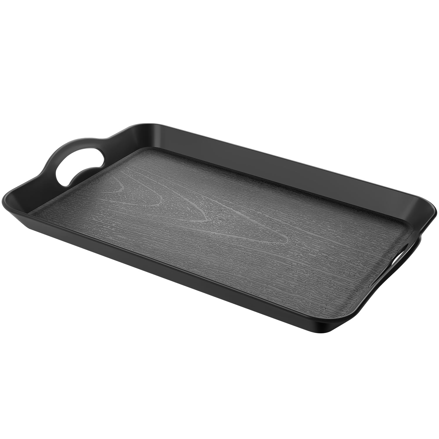 Bandeja Armrouns negra con manijas para servir bebidas y aperitivos.