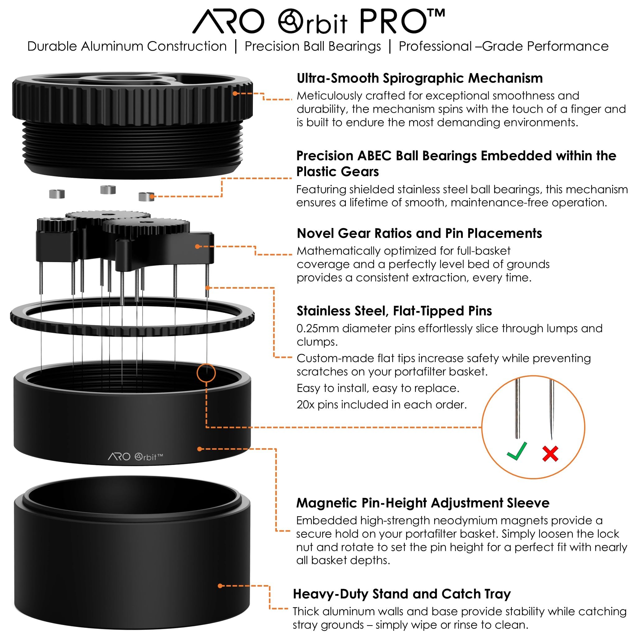 ARO Orbit PRO, rodamientos sellados, giro suave para distribución constante.
