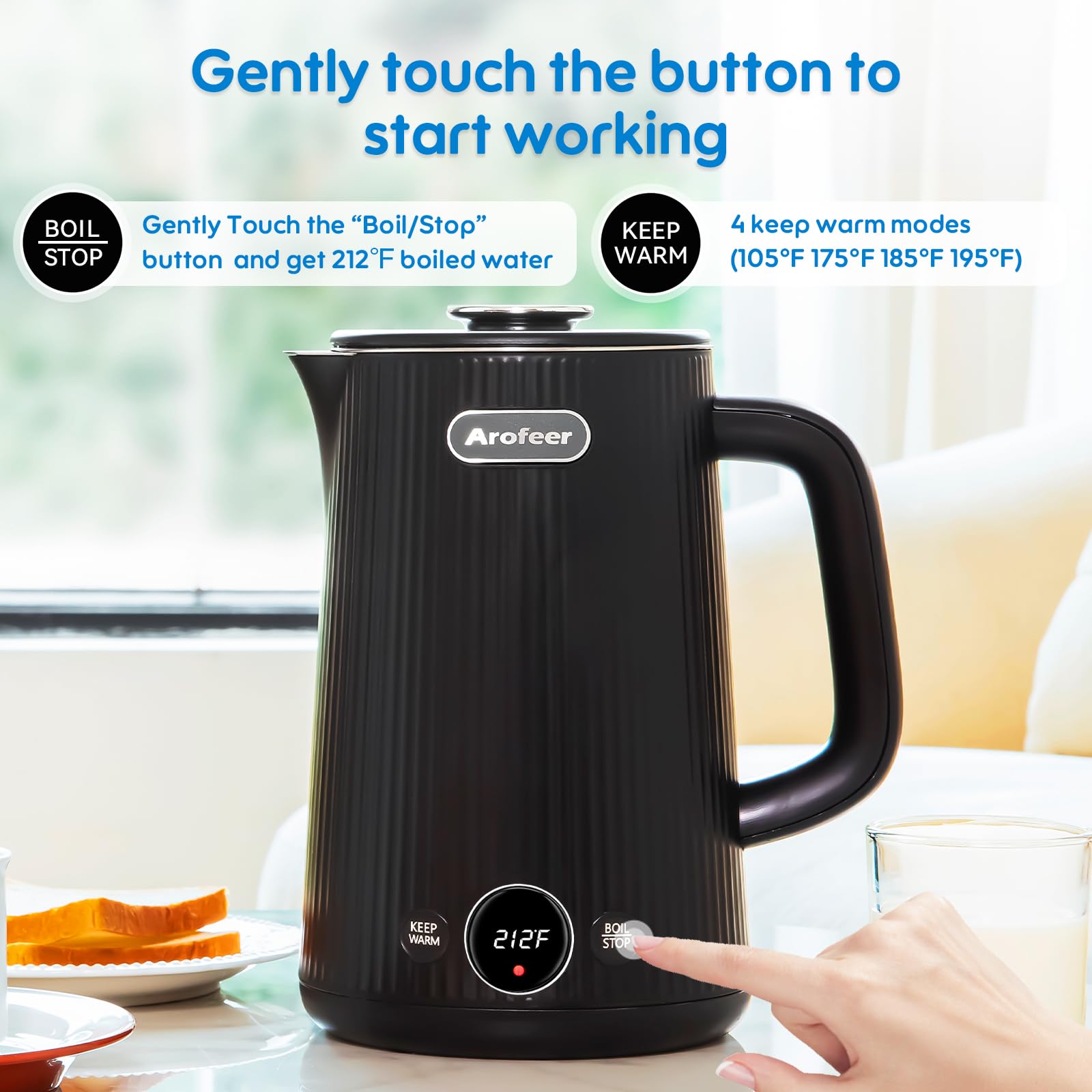 Hervidor Arofeer con potencia 1200 W para calentamiento rápido.