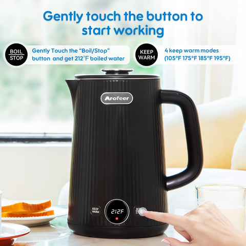 Hervidor Arofeer con potencia 1200 W para calentamiento rápido.