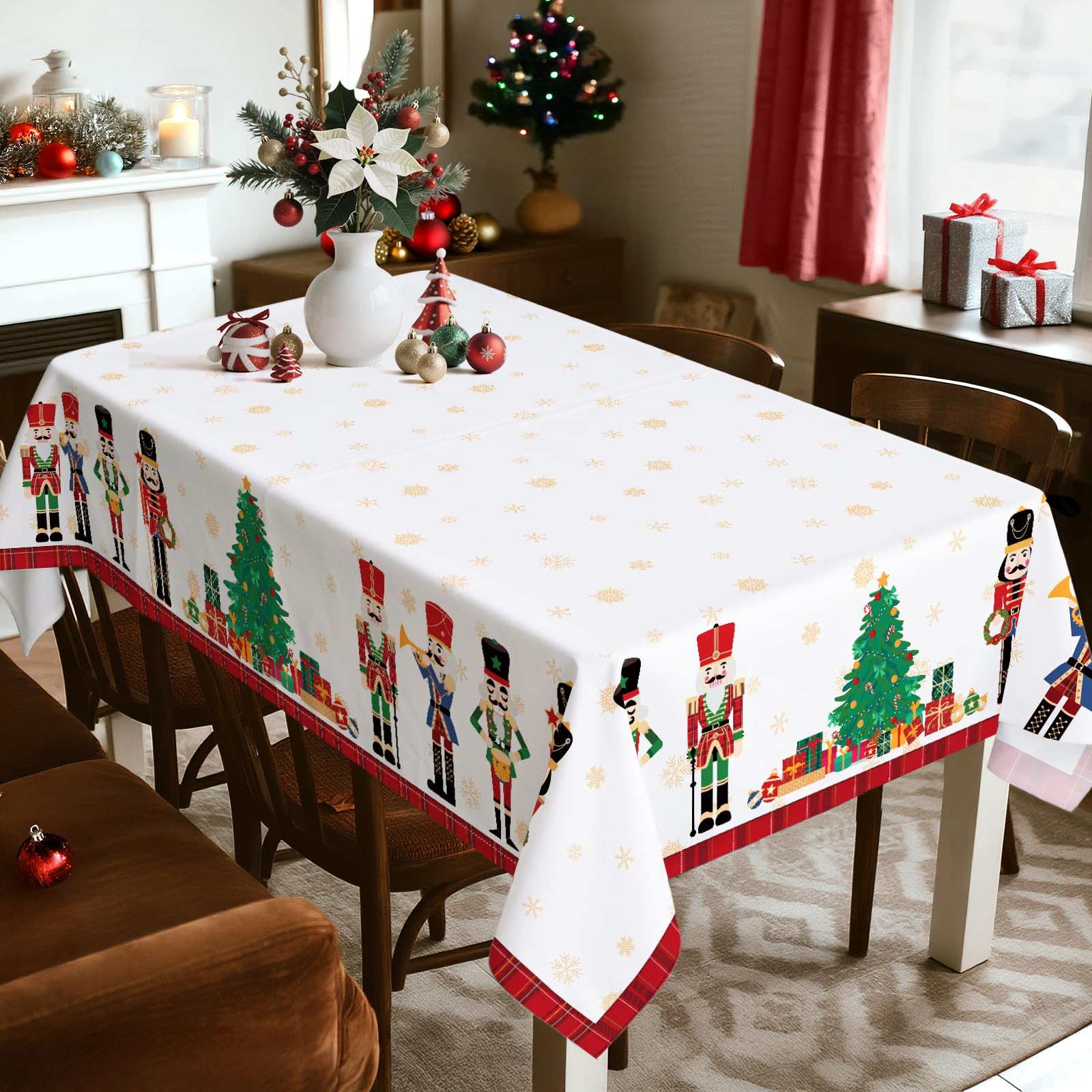 Detalle del tejido del mantel Arquiel con patrón navideño resistente a salpicaduras.