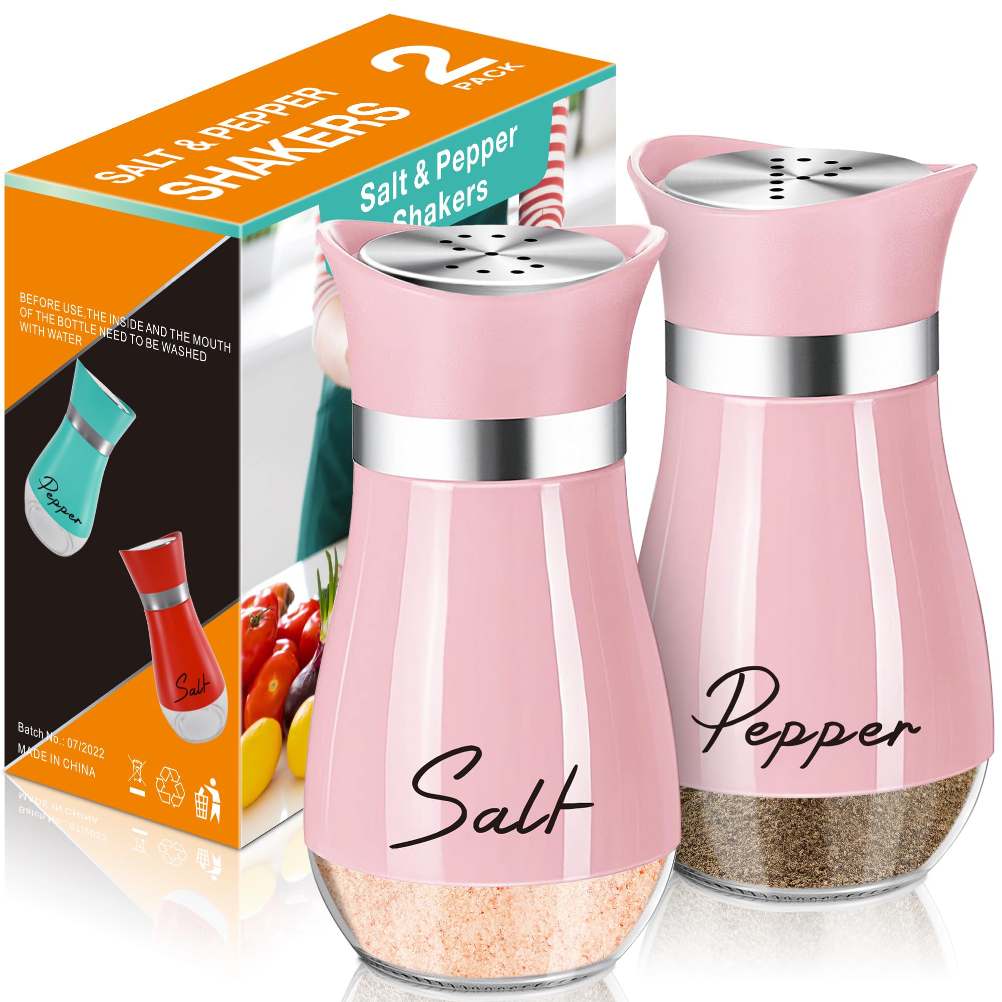 Conjunto Arrozon de sal y pimienta con fondo de vidrio rosa, ideal para cocina.