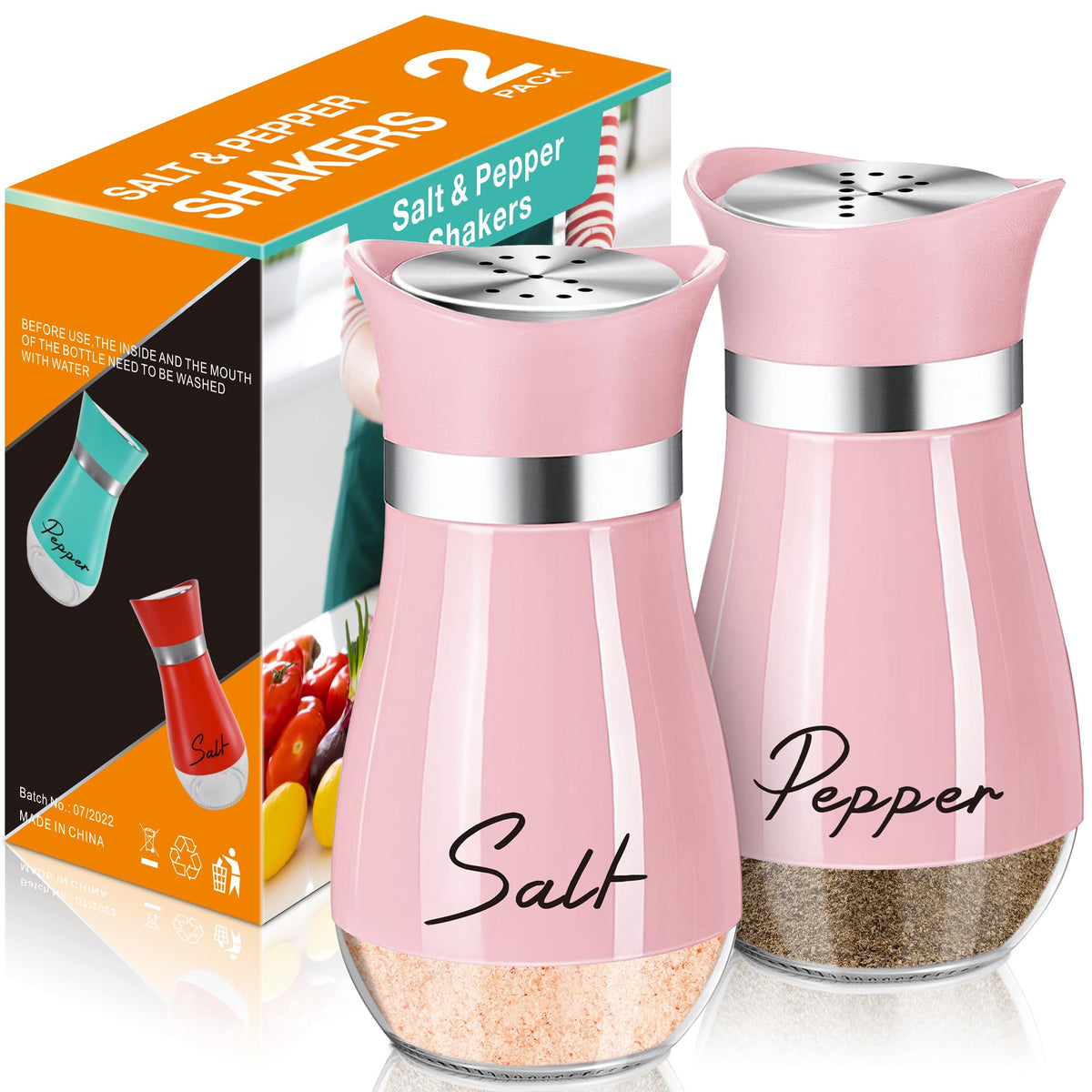 Conjunto Arrozon de sal y pimienta con fondo de vidrio rosa, ideal para cocina.