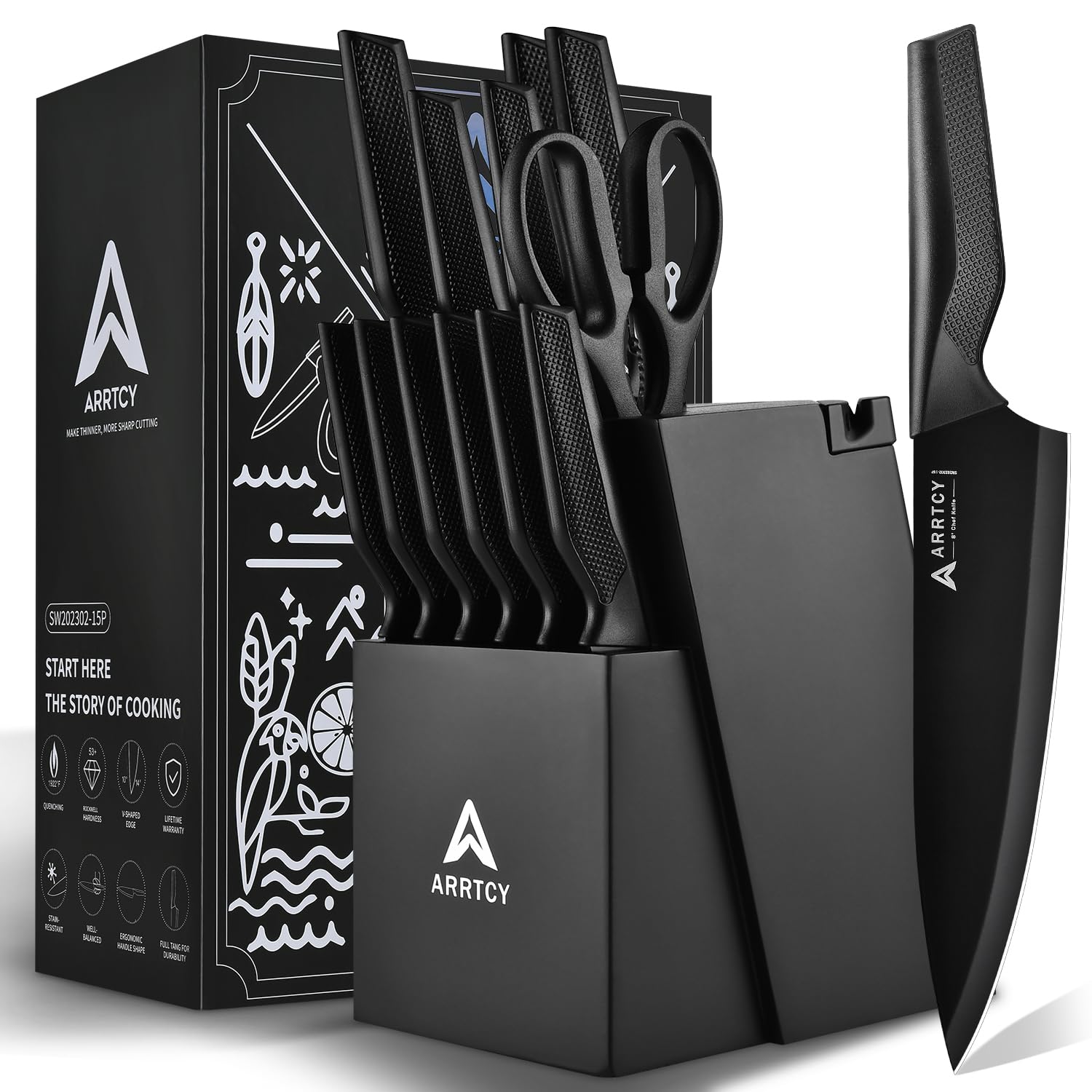 Arrtcy: conjunto de cuchillos con bloque para almacenamiento seguro.