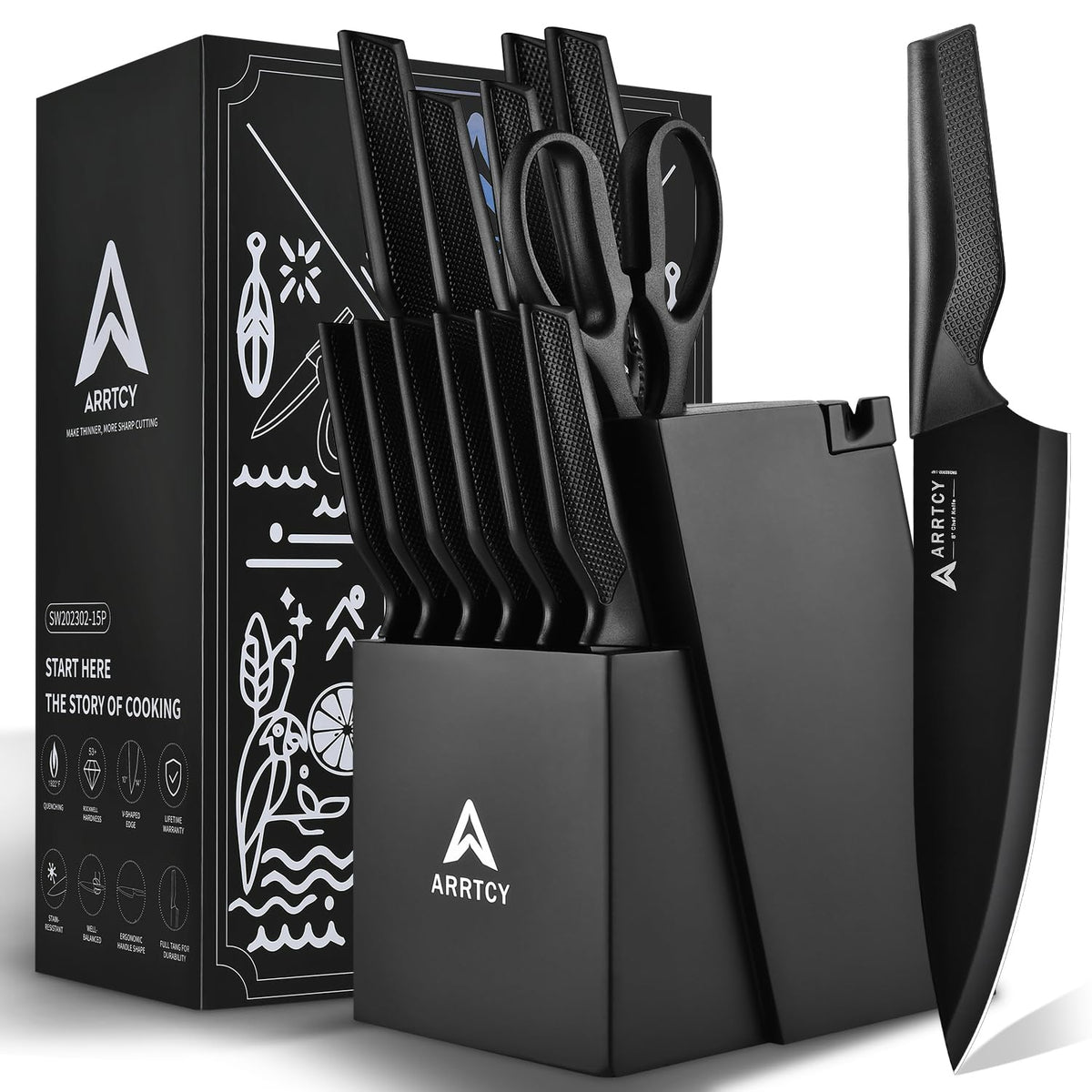 Arrtcy: conjunto de cuchillos con bloque para almacenamiento seguro.