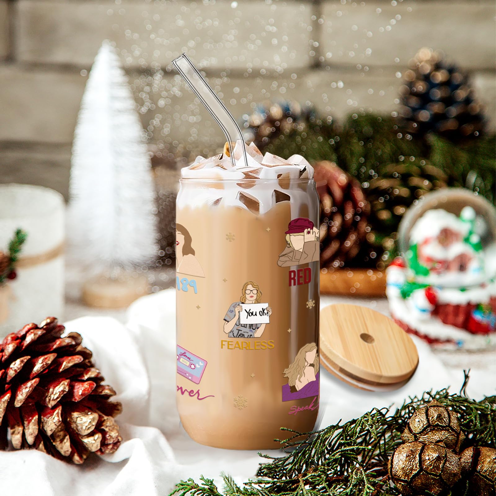 Arsemica copa de vidrio navidad blanca con tapa y pajilla para uso diario.