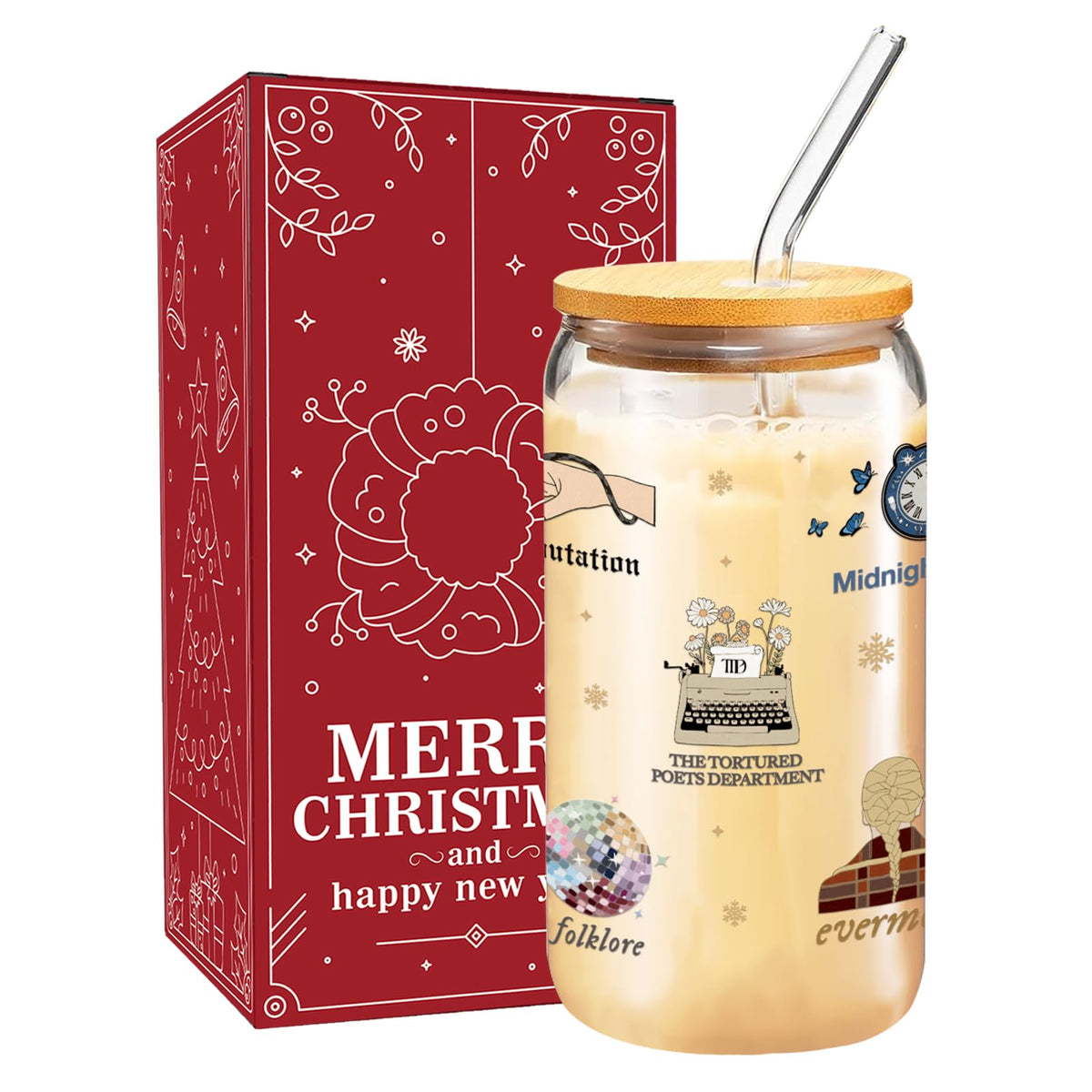 Arsemica copa de vidrio navideña con tapa y pajilla, ideal para bebidas festivas.