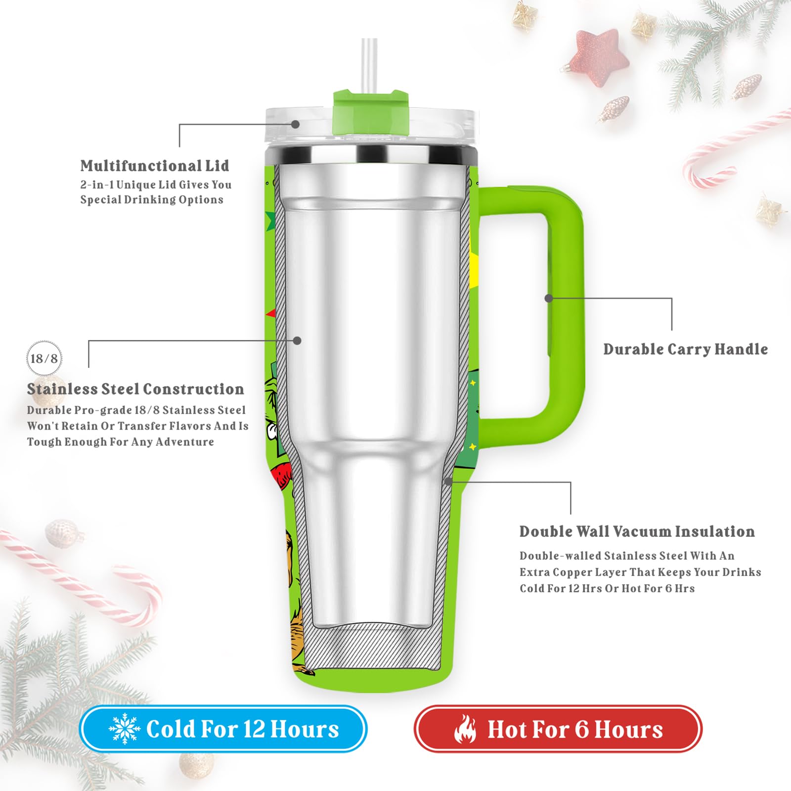 Arsemica tumbler navidad mantiene frío hasta 12 horas.