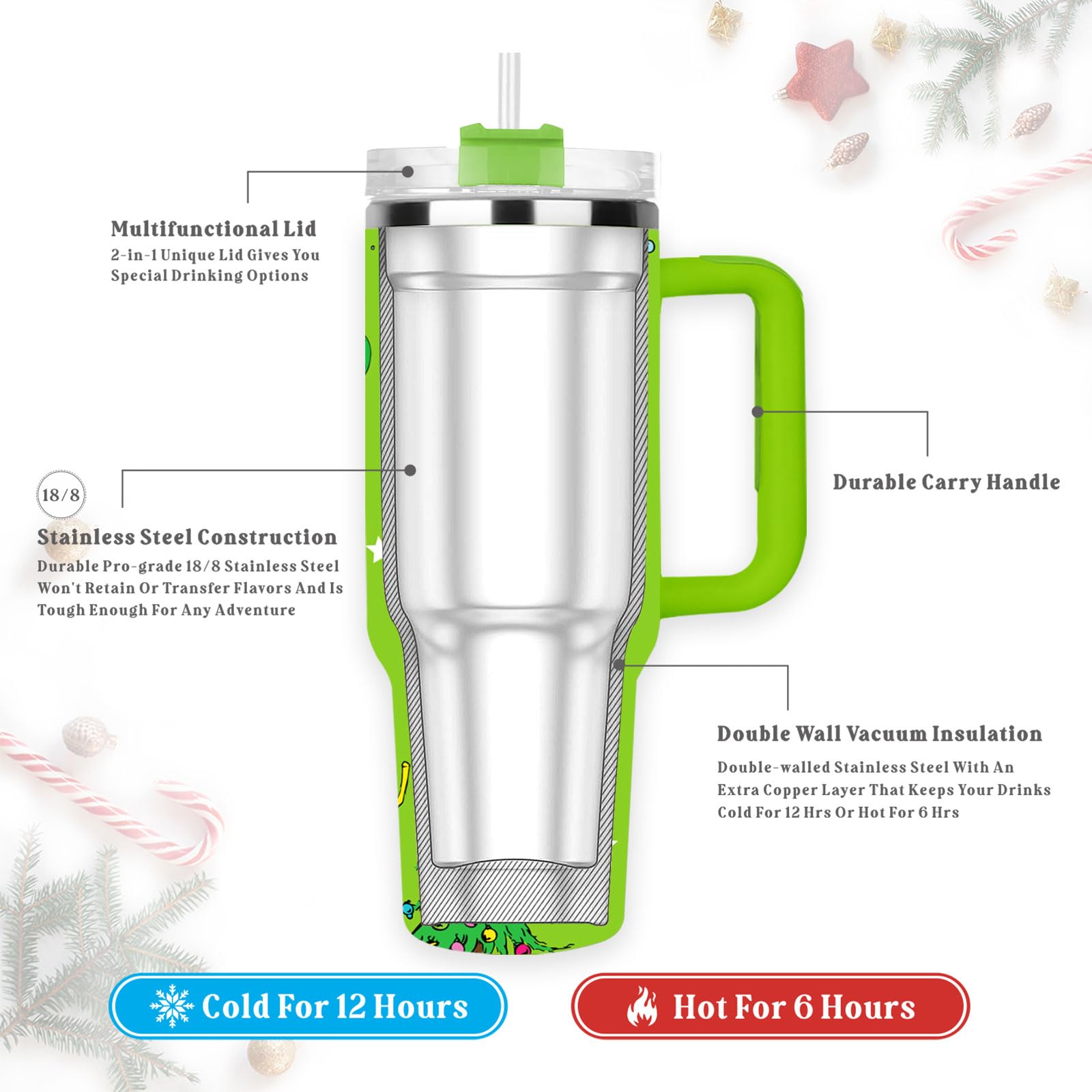 Arsemica Tumbler Navidad aislado frío 12h, mantiene bebidas frescas todo el día