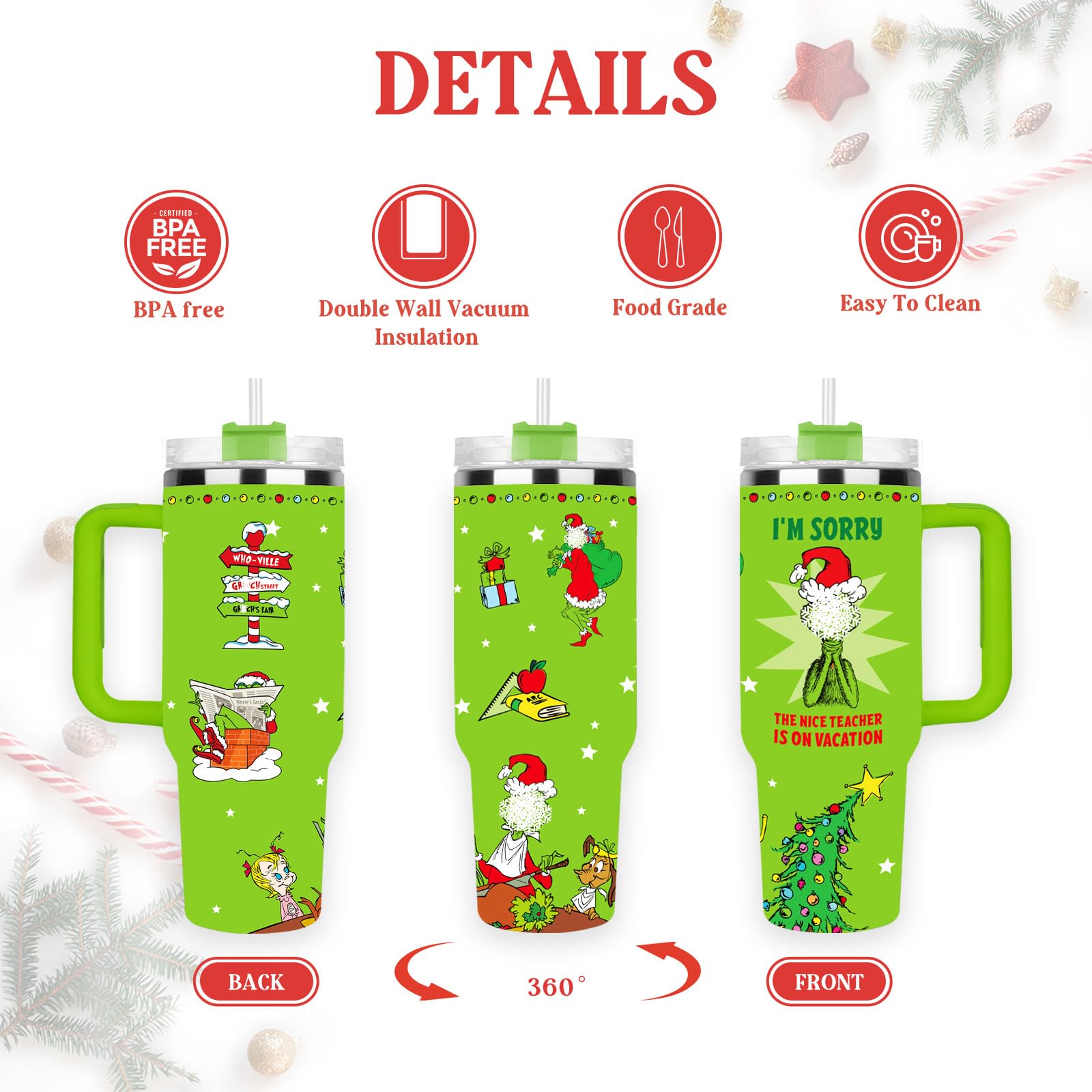 Arsemica Tumbler Navidad con pajita, práctico para bebidas frías y calientes