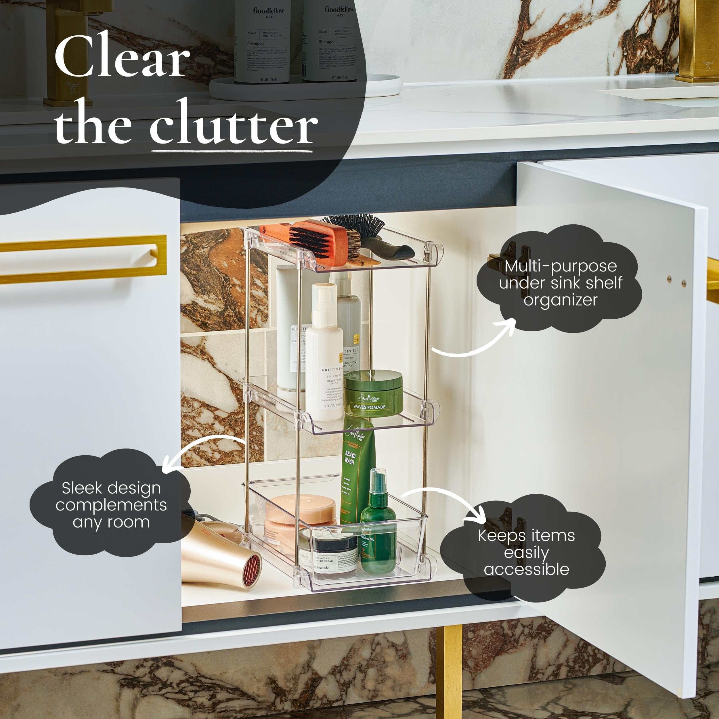 ARSLY estante claro de baño diseño elegante con acceso deslizante para artículos de higiene.