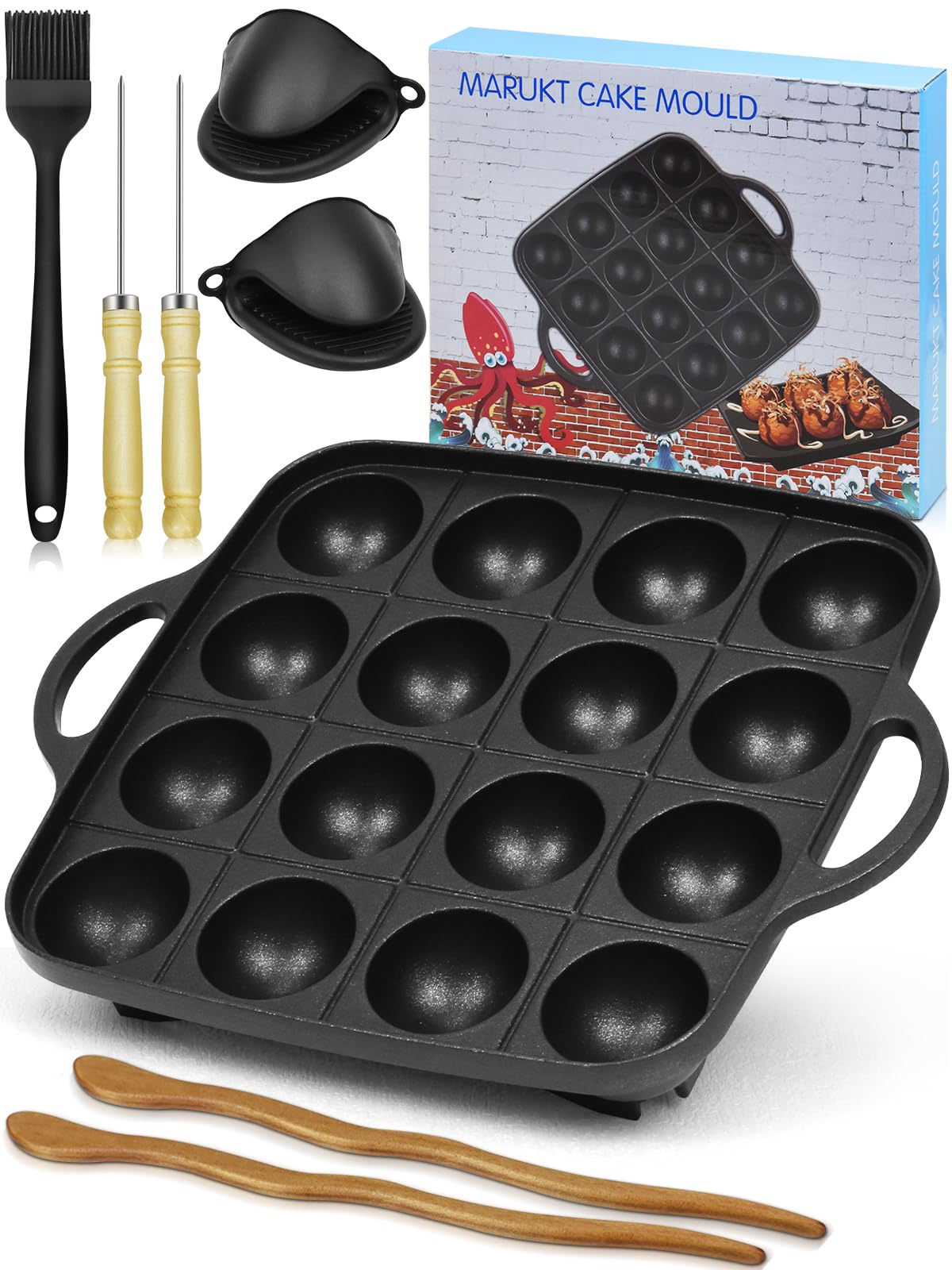 Artcome Takoyaki Pan con 16 huecos, moldes uniformes para bolitas perfectas