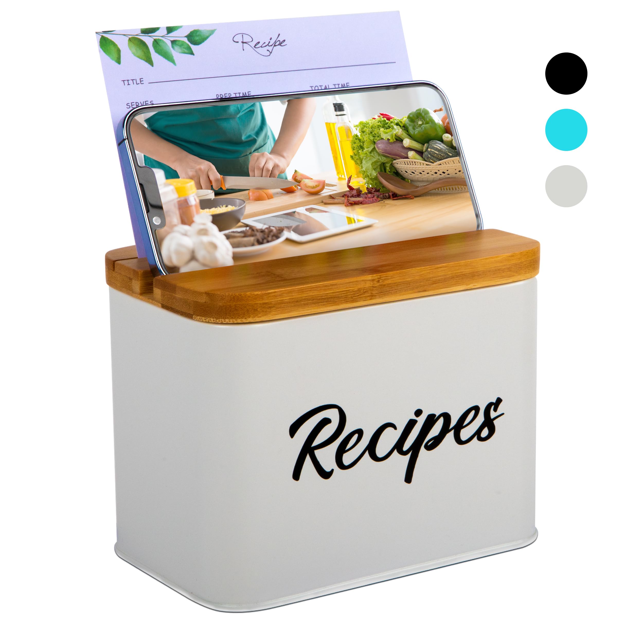 ArtEight caja de recetas blanca con tapa de bambú, organización elegante para la cocina