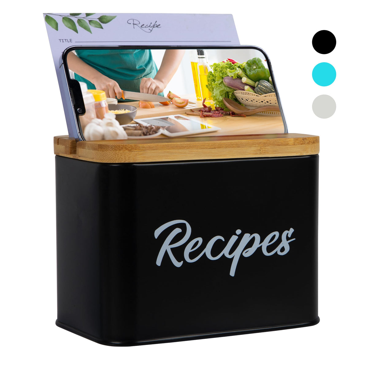 Caja de recetas ArtEight negra con tapa de bambú para organizar tarjetas.