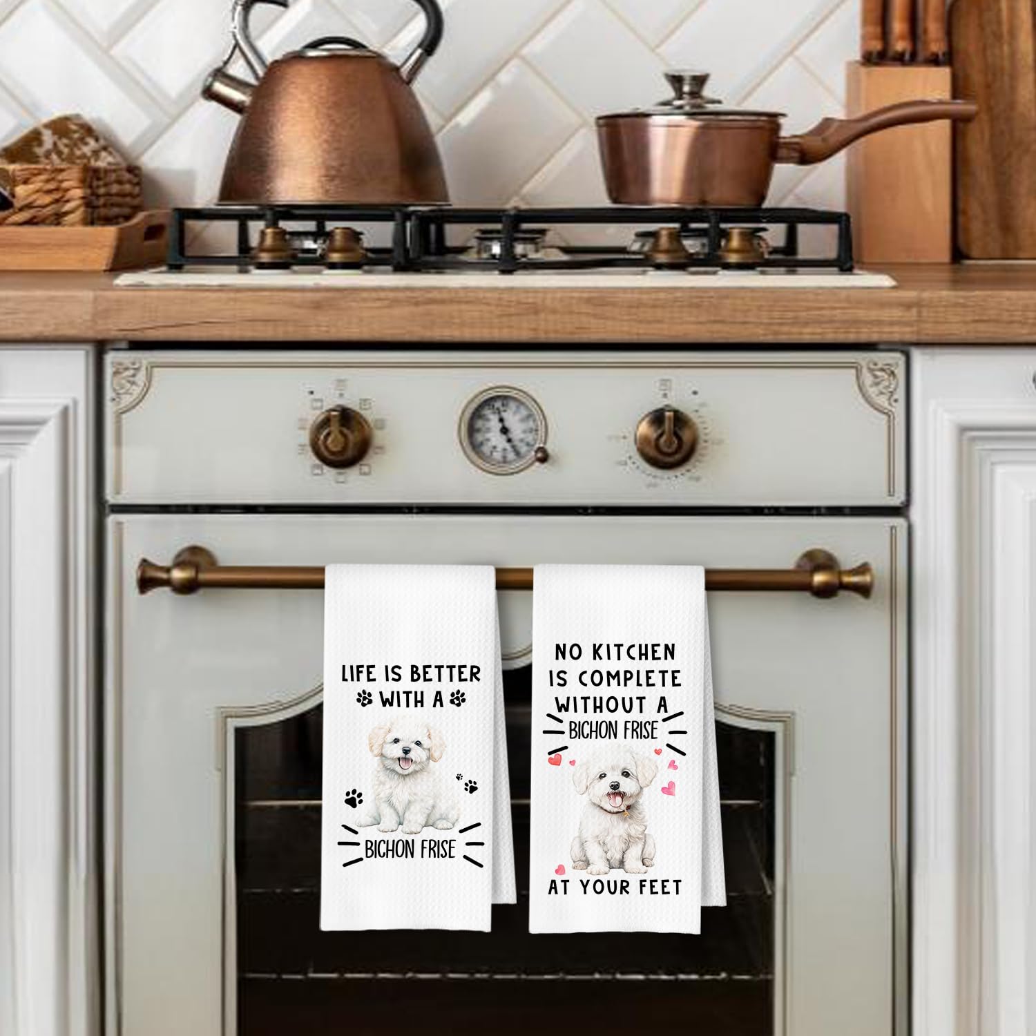 Toallas de cocina con tejido waffle y Bichón Frisé, decorativas.