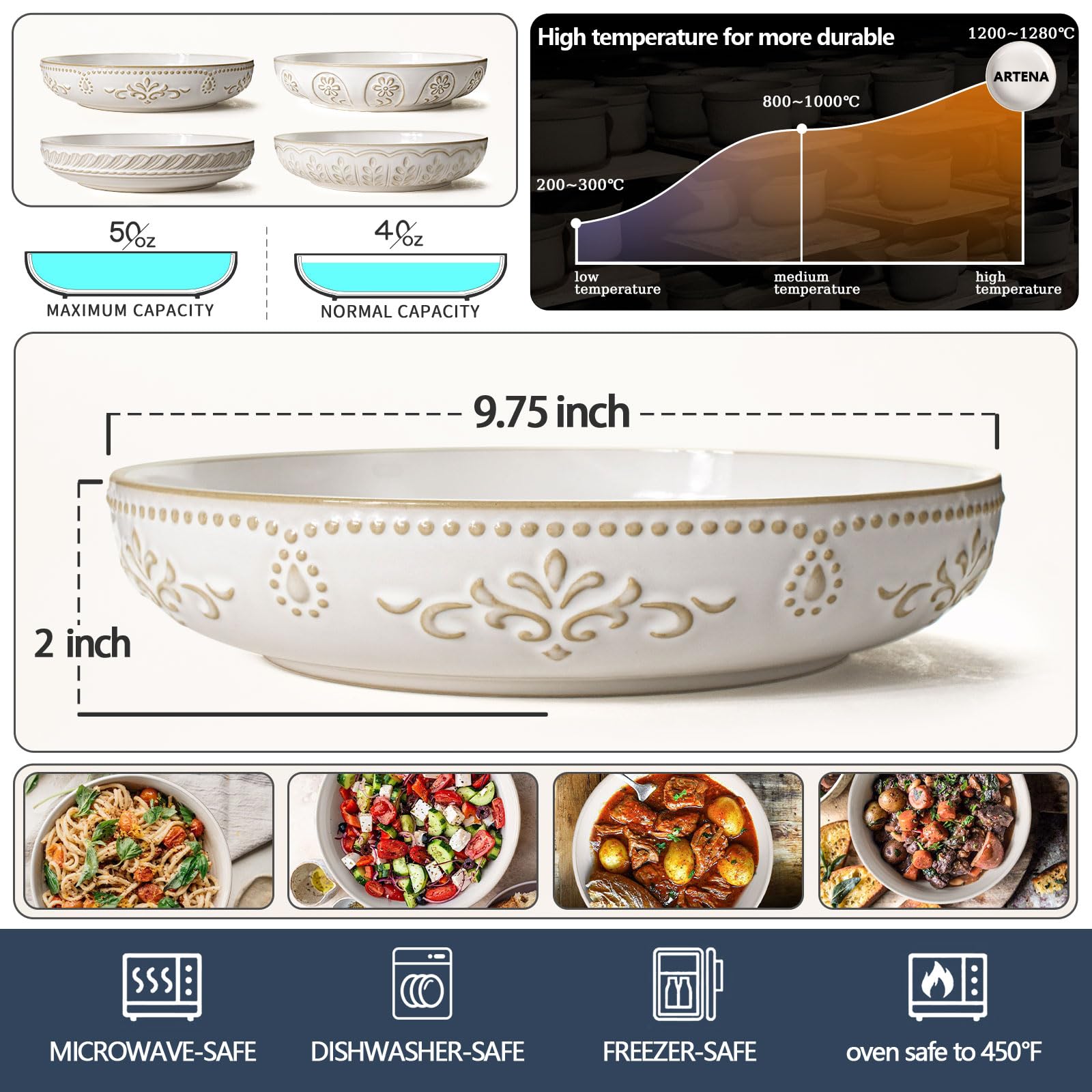 Tazones de sopa blancos Artena, cerámica duradera y aptos para microondas.