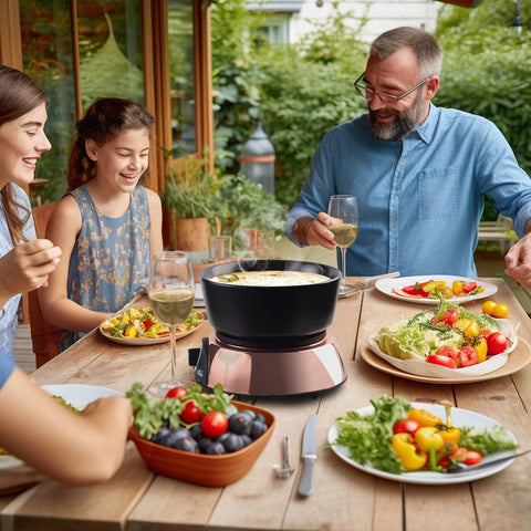 Artestia: base eléctrica rosado-oro mantiene temperatura estable para fondue.