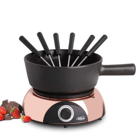 Artestia: olla fondue cerámica 2qt blanca con base rosado-oro, perfecta para reuniones.
