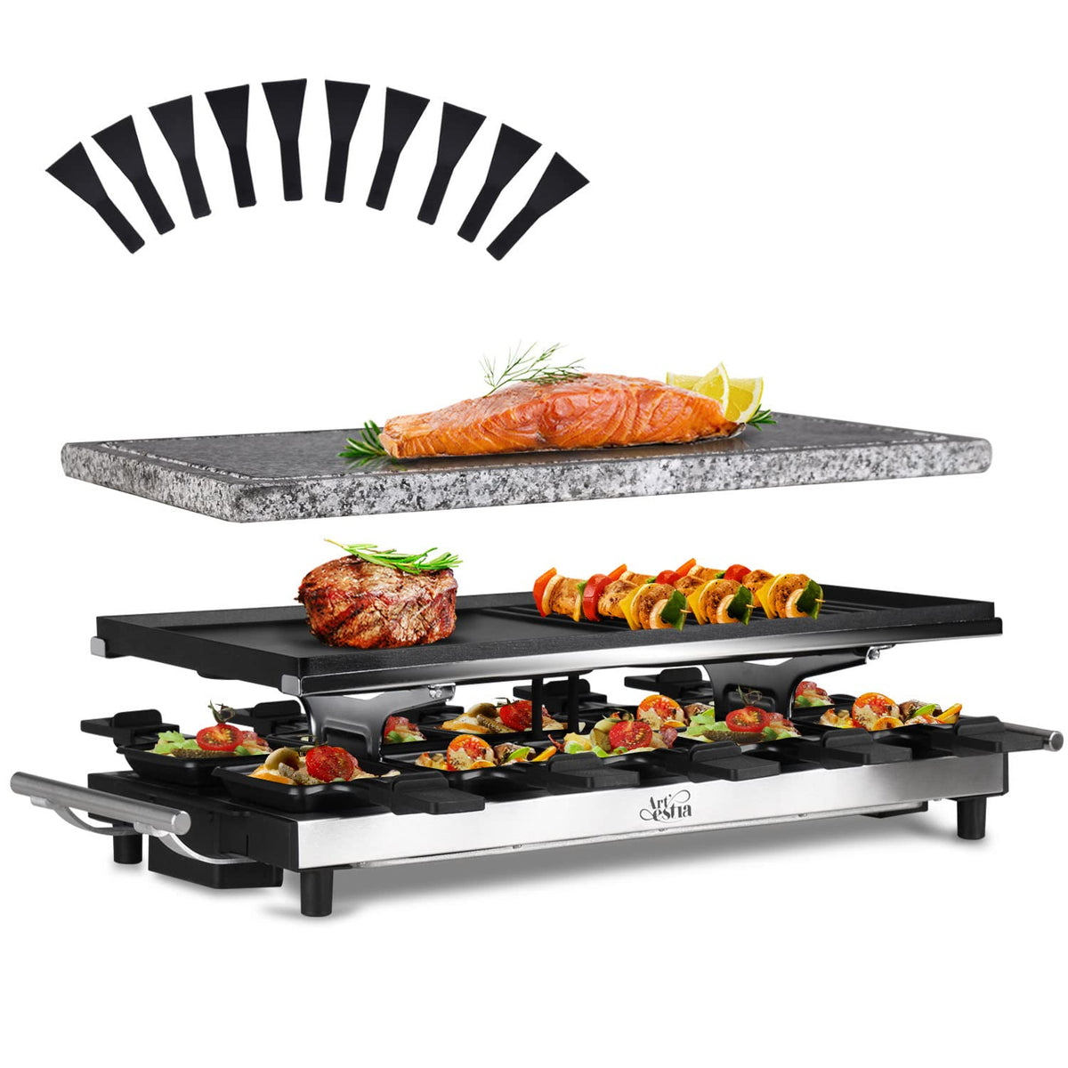 Artestia Raclette 1500W con amplia superficie de cocción para porciones grandes.
