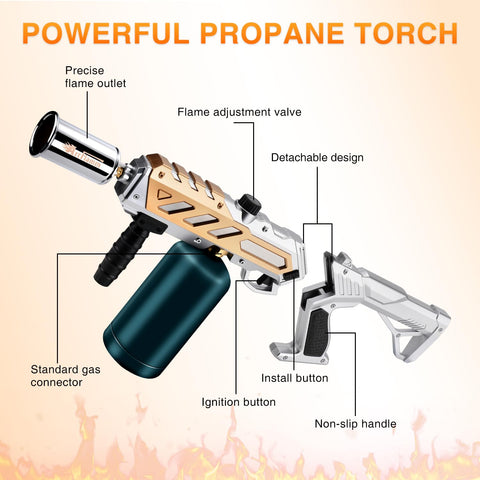 ARTFLAMM antorcha de propano diseño desmontable facilita guardado seguro.