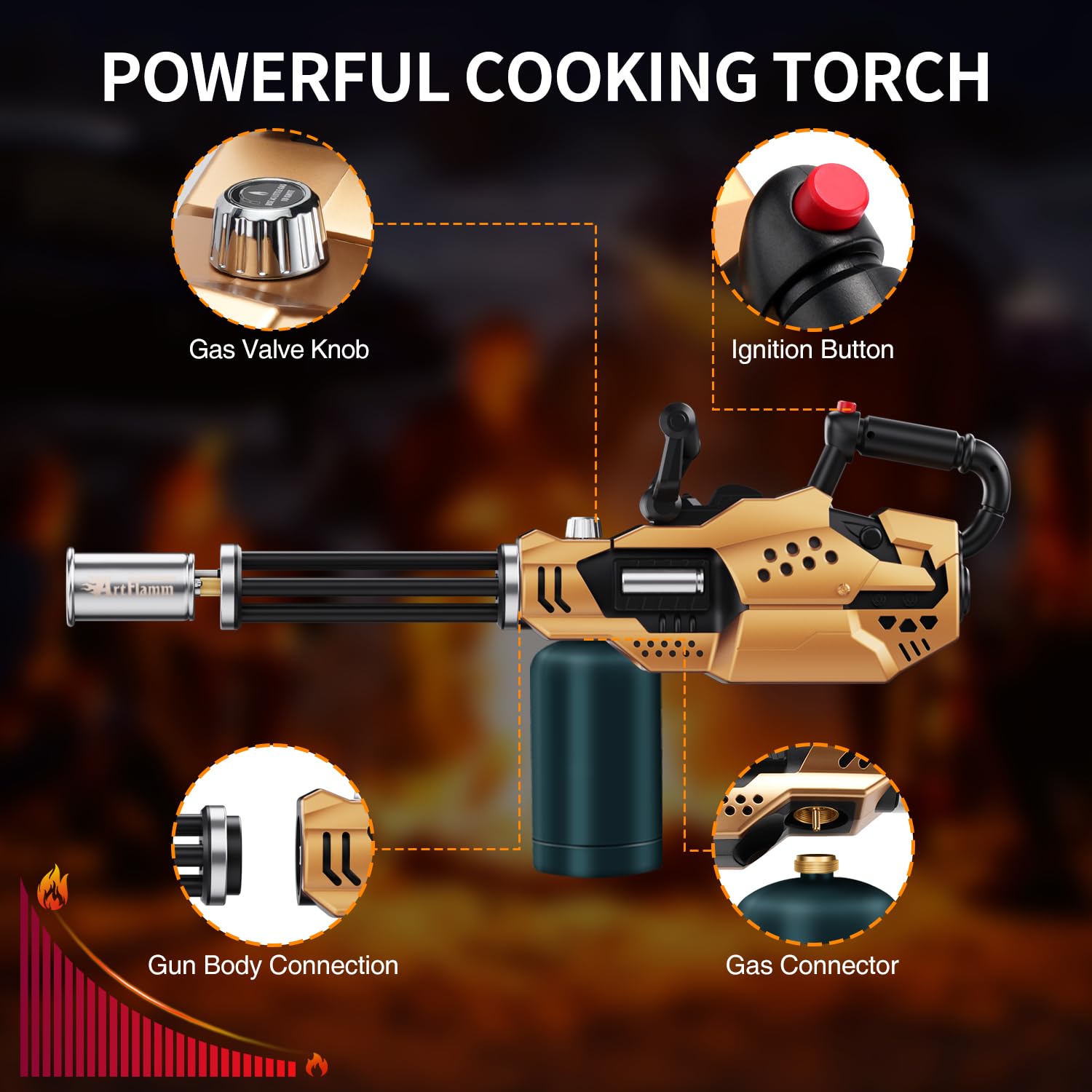 ARTFLAMM llama ajustable en soplete para control preciso en cocina