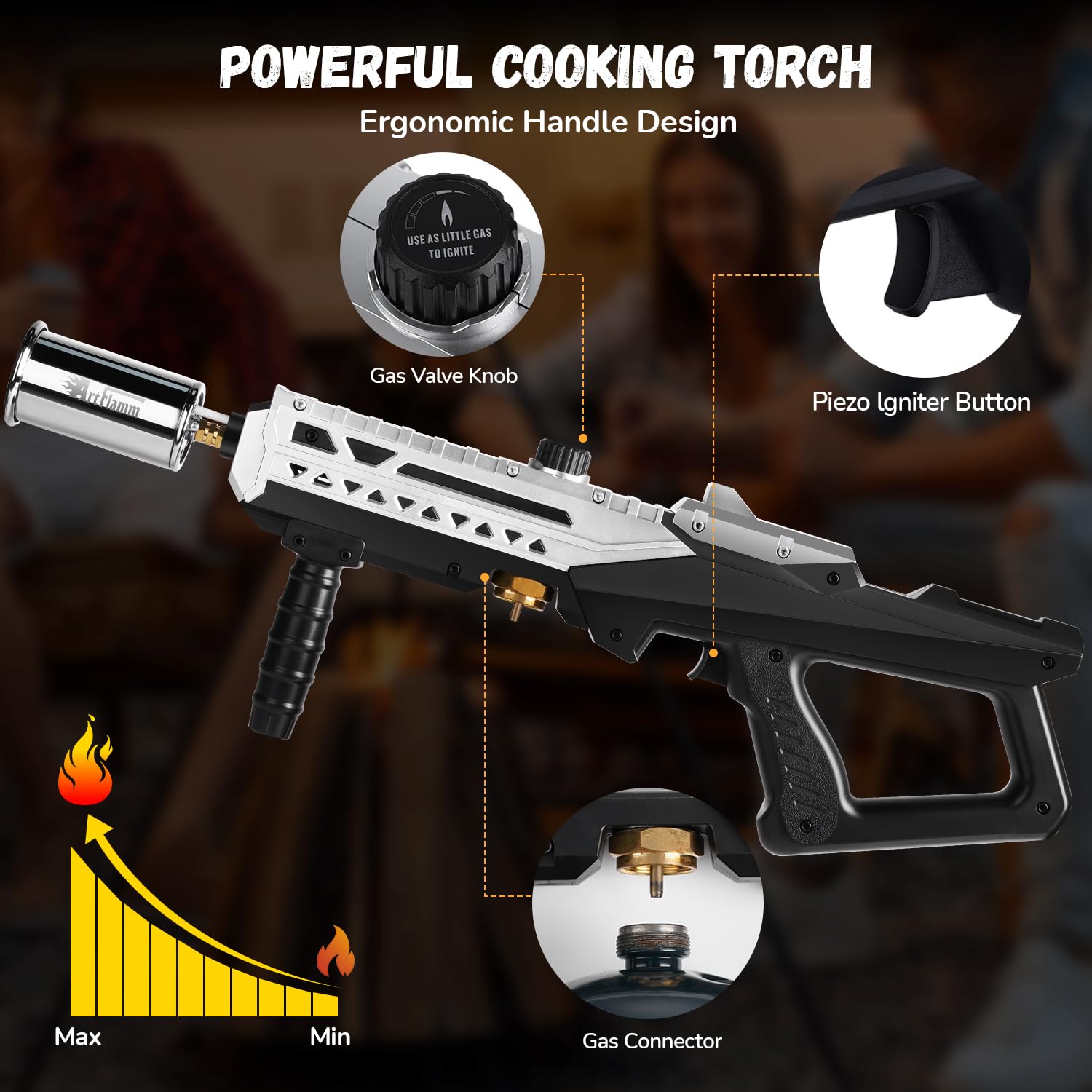 ARTFLAMM soplete para parrilla, ajuste de llama para control preciso.
