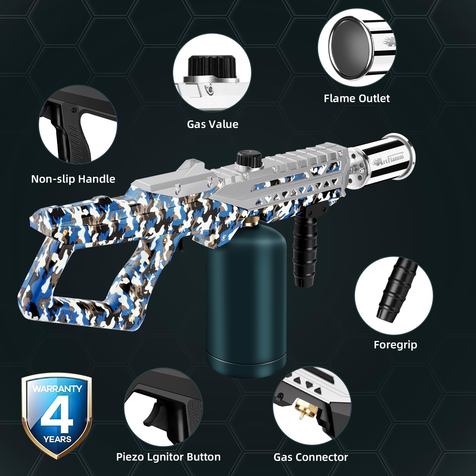 ARTFLAMM soplete propano con diseño ergonómico: manejo cómodo.
