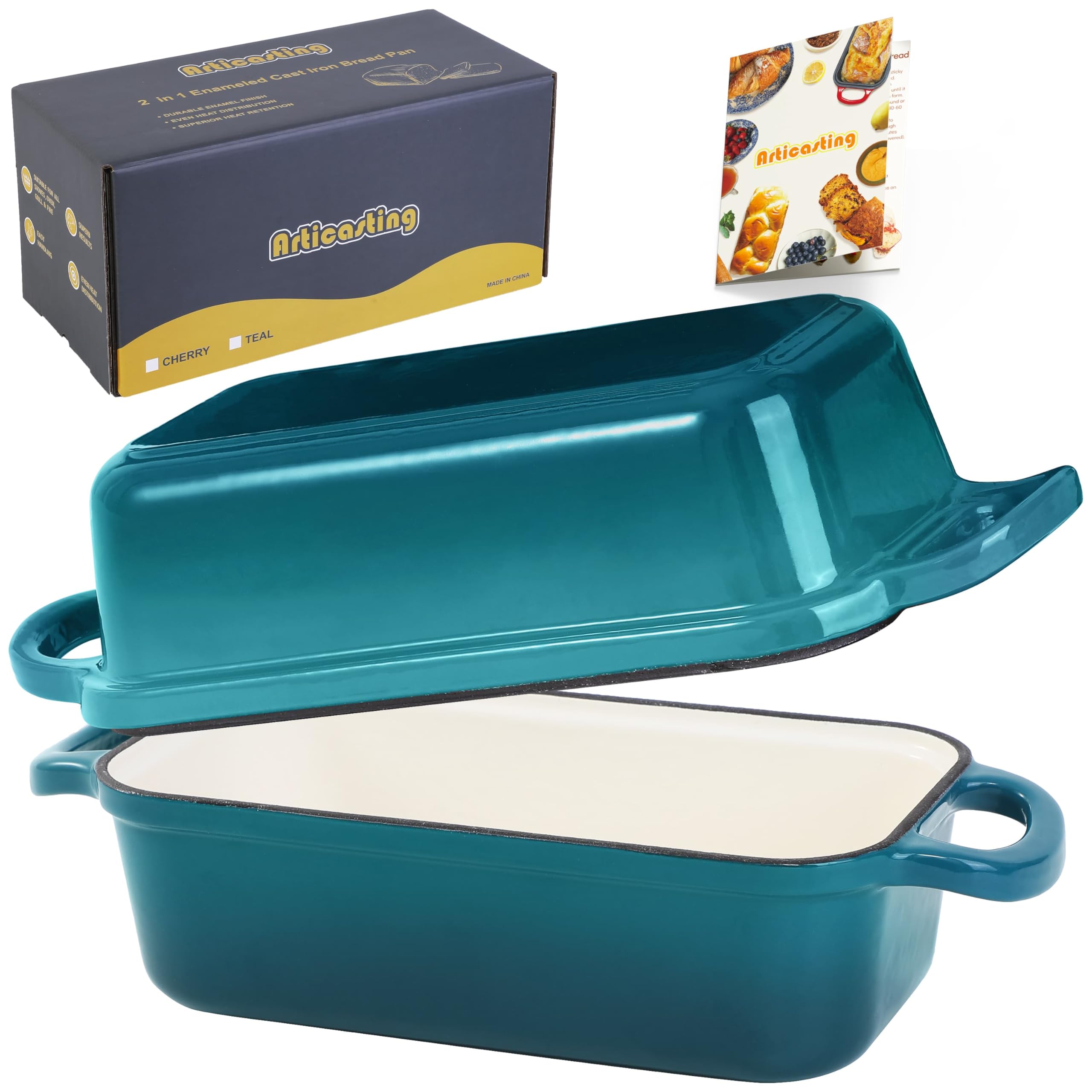Articasting pan de hierro esmaltado con tapa 9x5, ideal para panes artesanales.